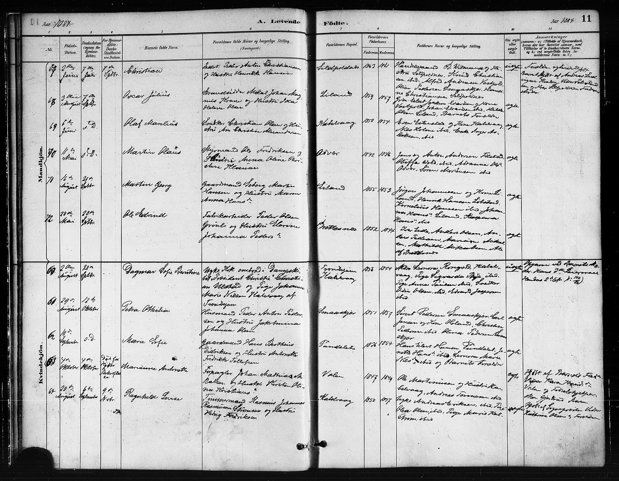 Ministerialprotokoller, klokkerbøker og fødselsregistre - Nordland, AV/SAT-A-1459/874/L1059: Parish register (official) no. 874A03, 1884-1890, p. 11