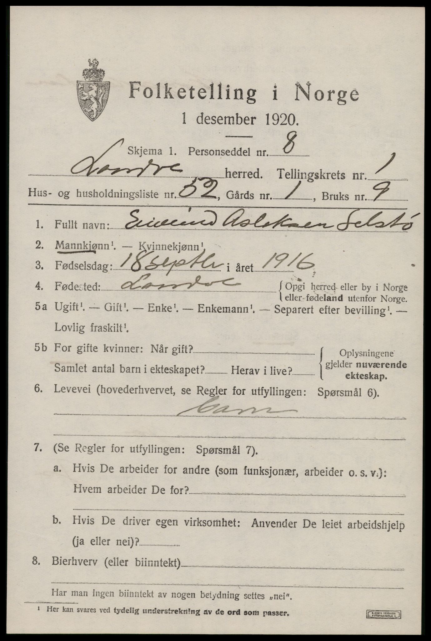 SAKO, 1920 census for Lårdal, 1920, p. 1183