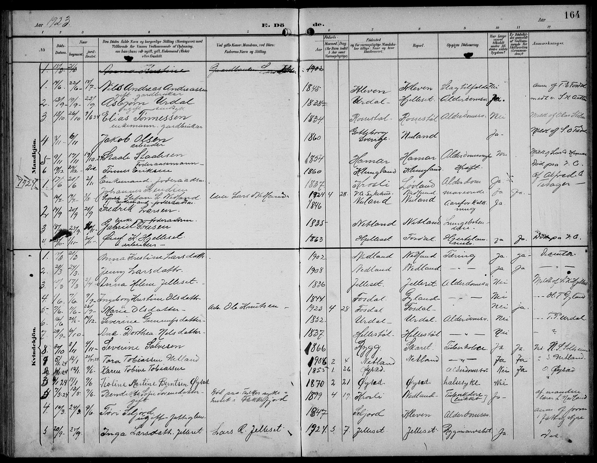 Bakke sokneprestkontor, AV/SAK-1111-0002/F/Fb/Fbb/L0004: Parish register (copy) no. B 4, 1896-1927, p. 164