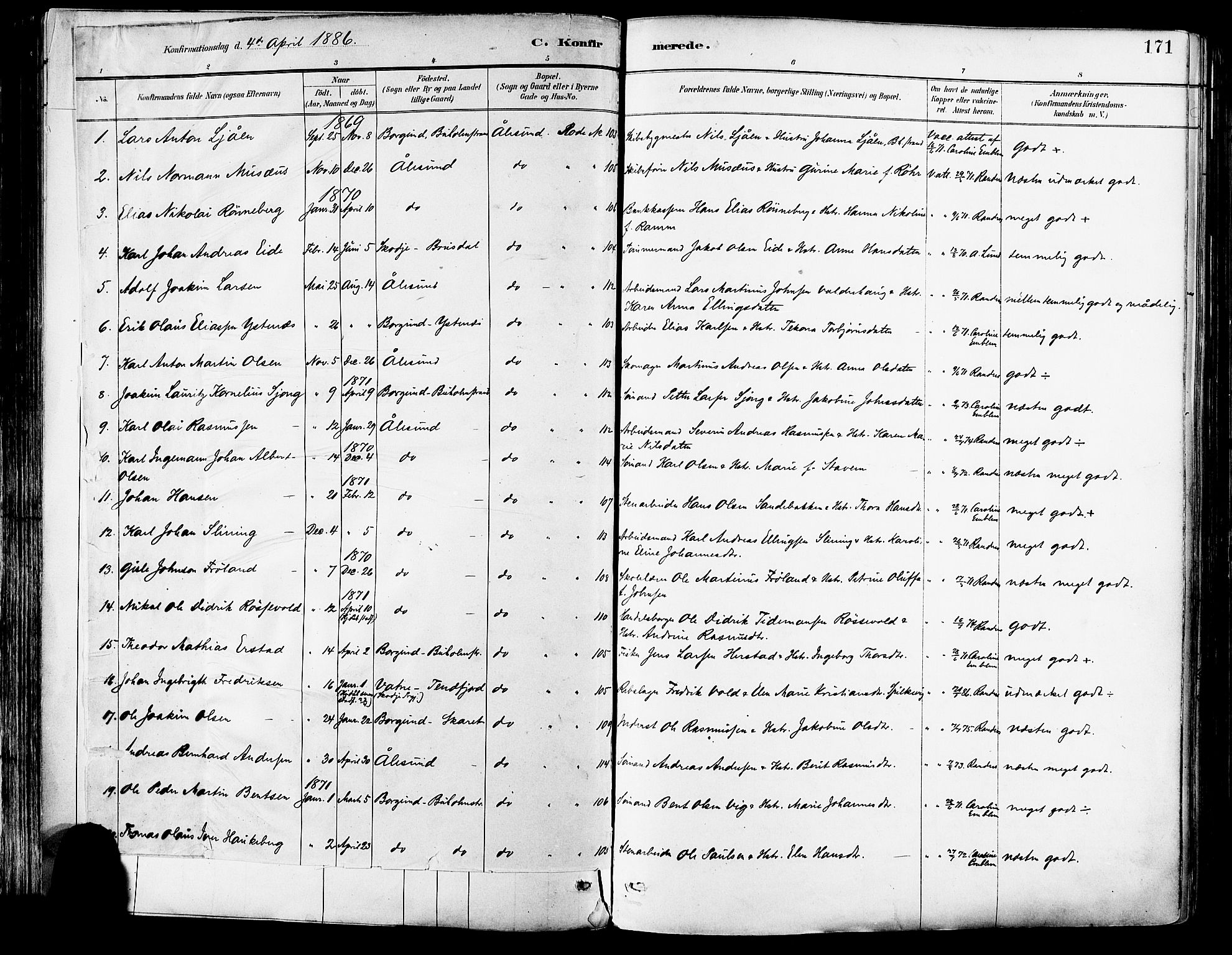Ministerialprotokoller, klokkerbøker og fødselsregistre - Møre og Romsdal, SAT/A-1454/529/L0455: Parish register (official) no. 529A05, 1885-1893, p. 171