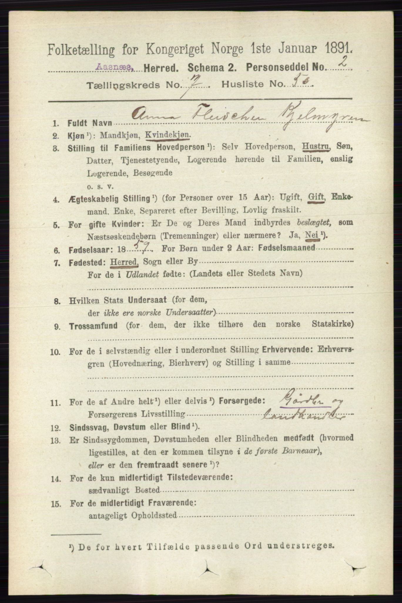 RA, 1891 census for 0425 Åsnes, 1891, p. 3643