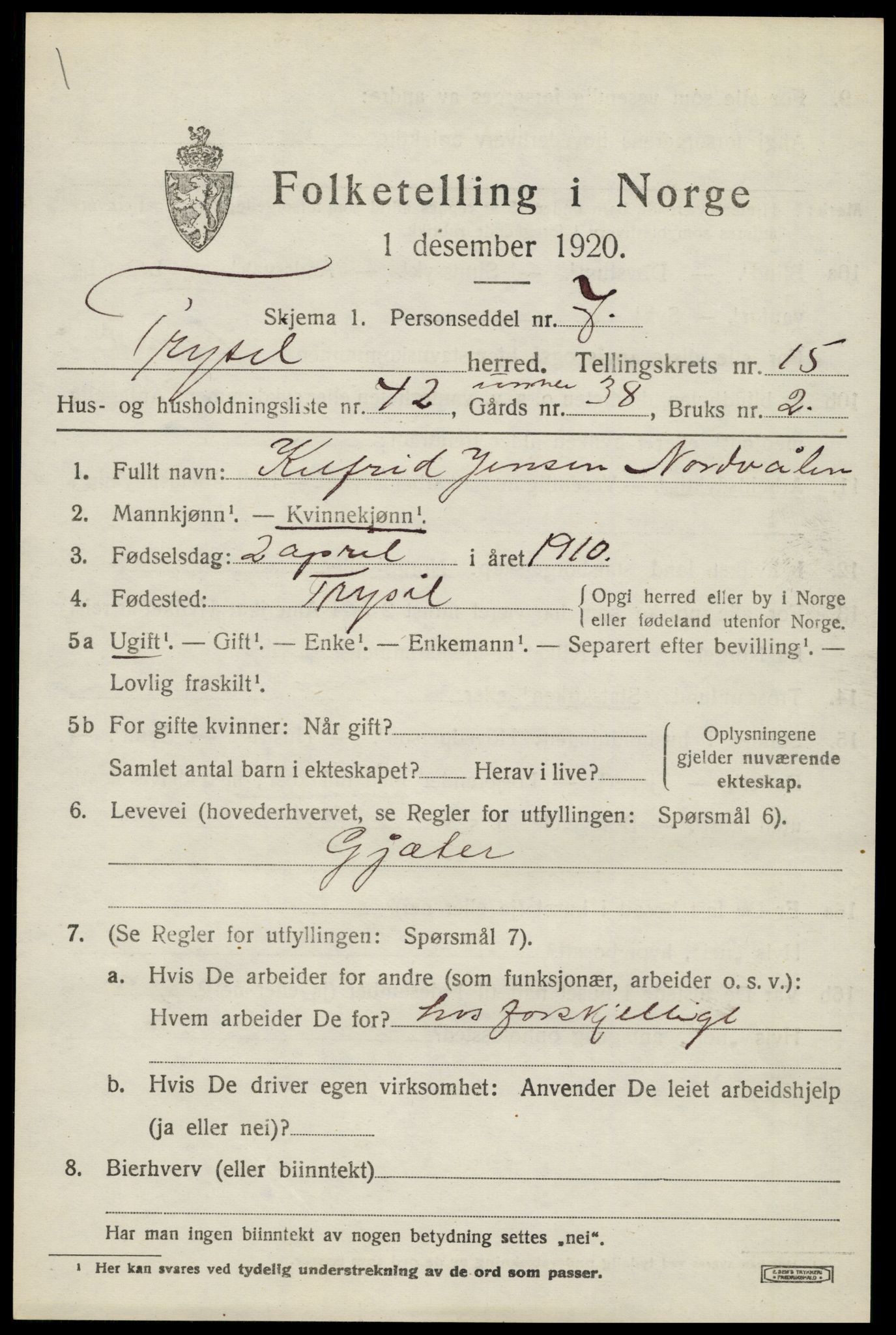 SAH, 1920 census for Trysil, 1920, p. 9403