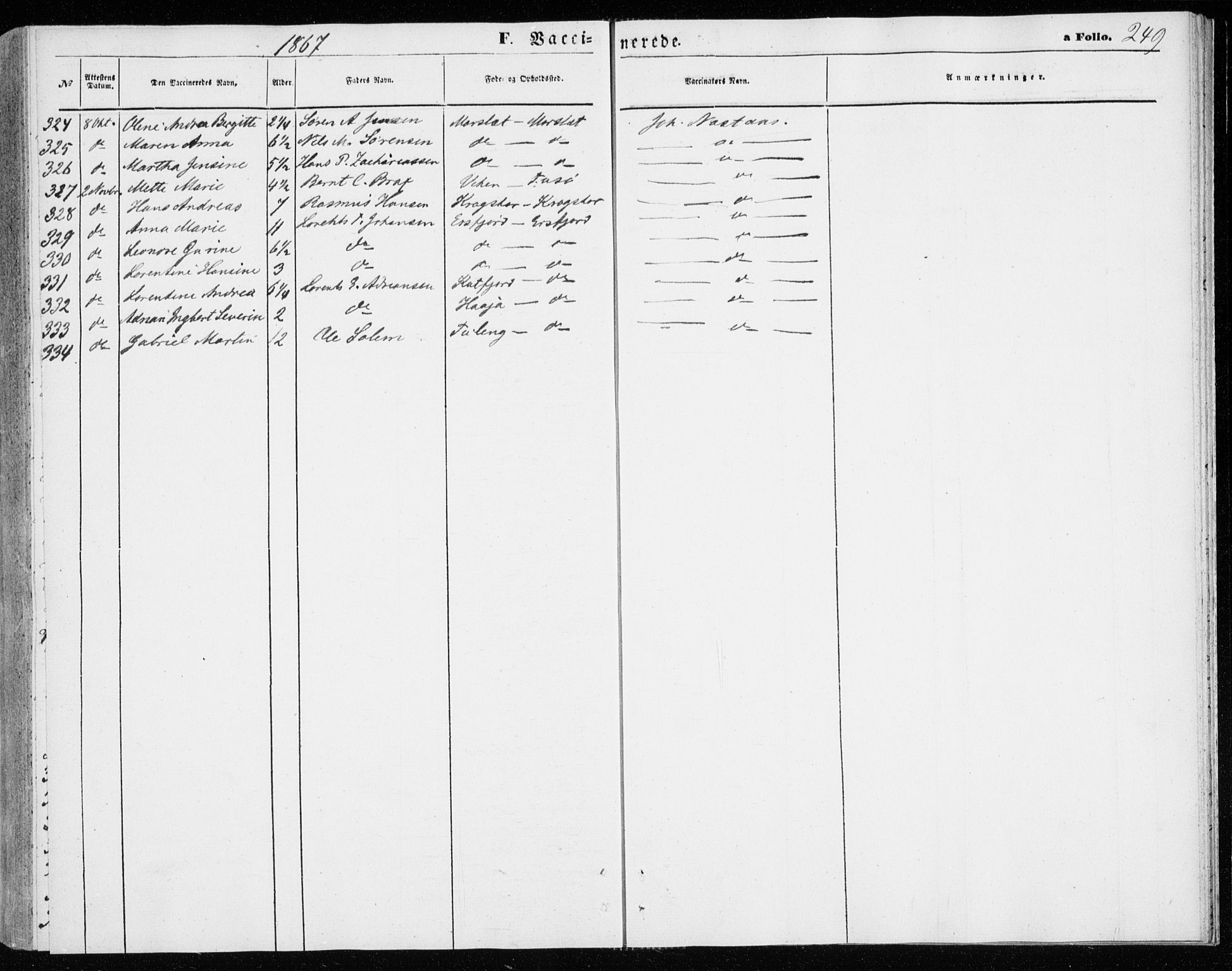 Lenvik sokneprestembete, AV/SATØ-S-1310/H/Ha/Haa/L0009kirke: Parish register (official) no. 9, 1866-1873, p. 249