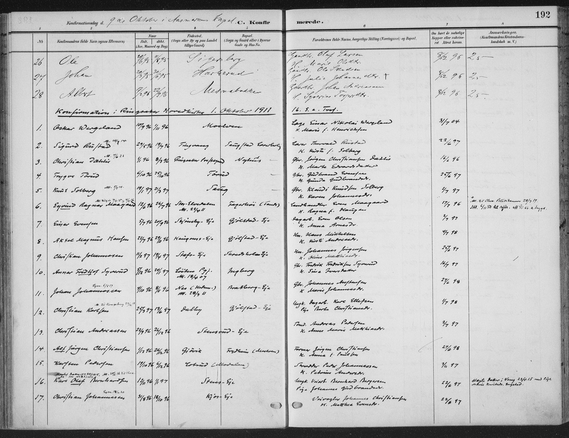 Ringsaker prestekontor, SAH/PREST-014/K/Ka/L0018: Parish register (official) no. 18, 1903-1912, p. 192