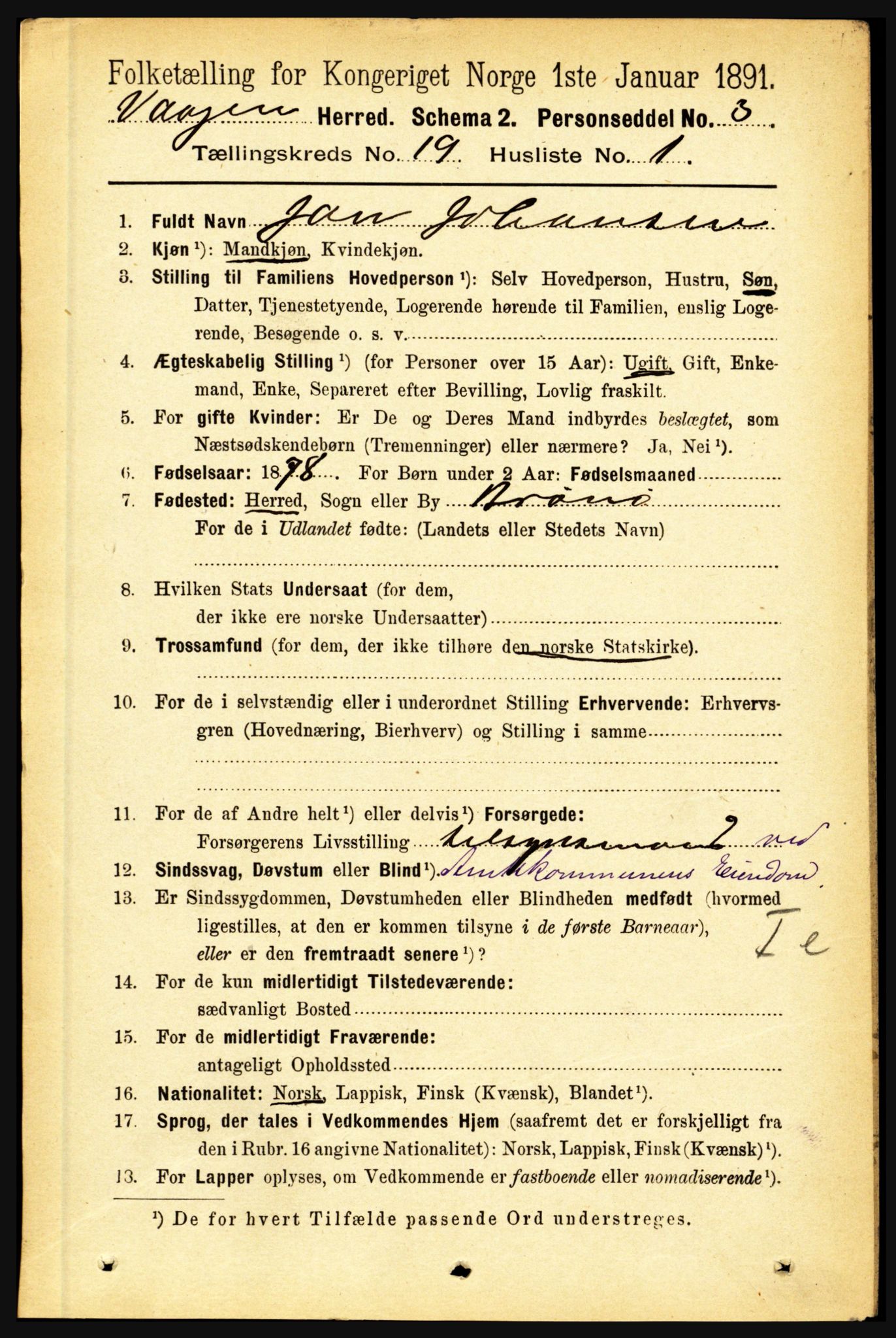 RA, 1891 census for 1865 Vågan, 1891, p. 5507