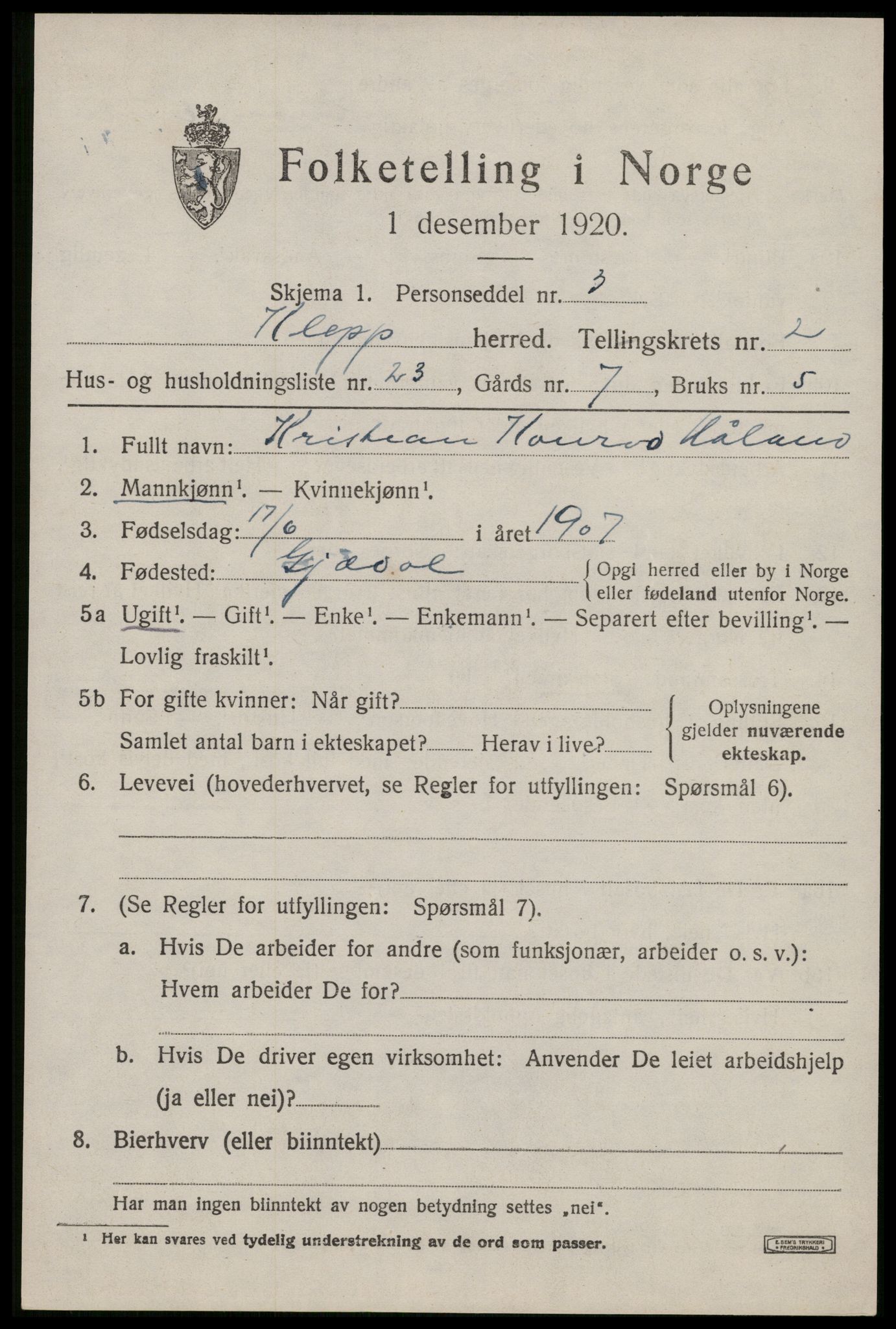 SAST, 1920 census for Klepp, 1920, p. 2878