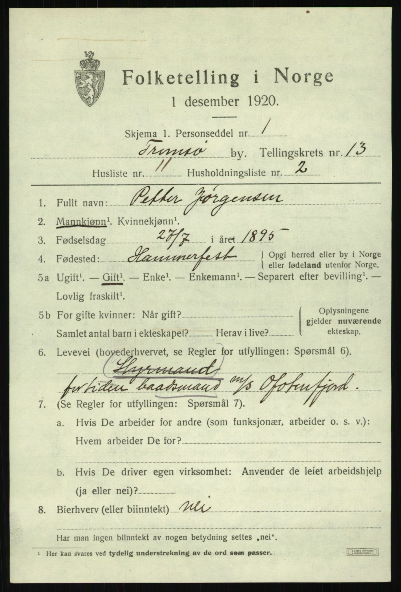 SATØ, 1920 census for Tromsø, 1920, p. 25157