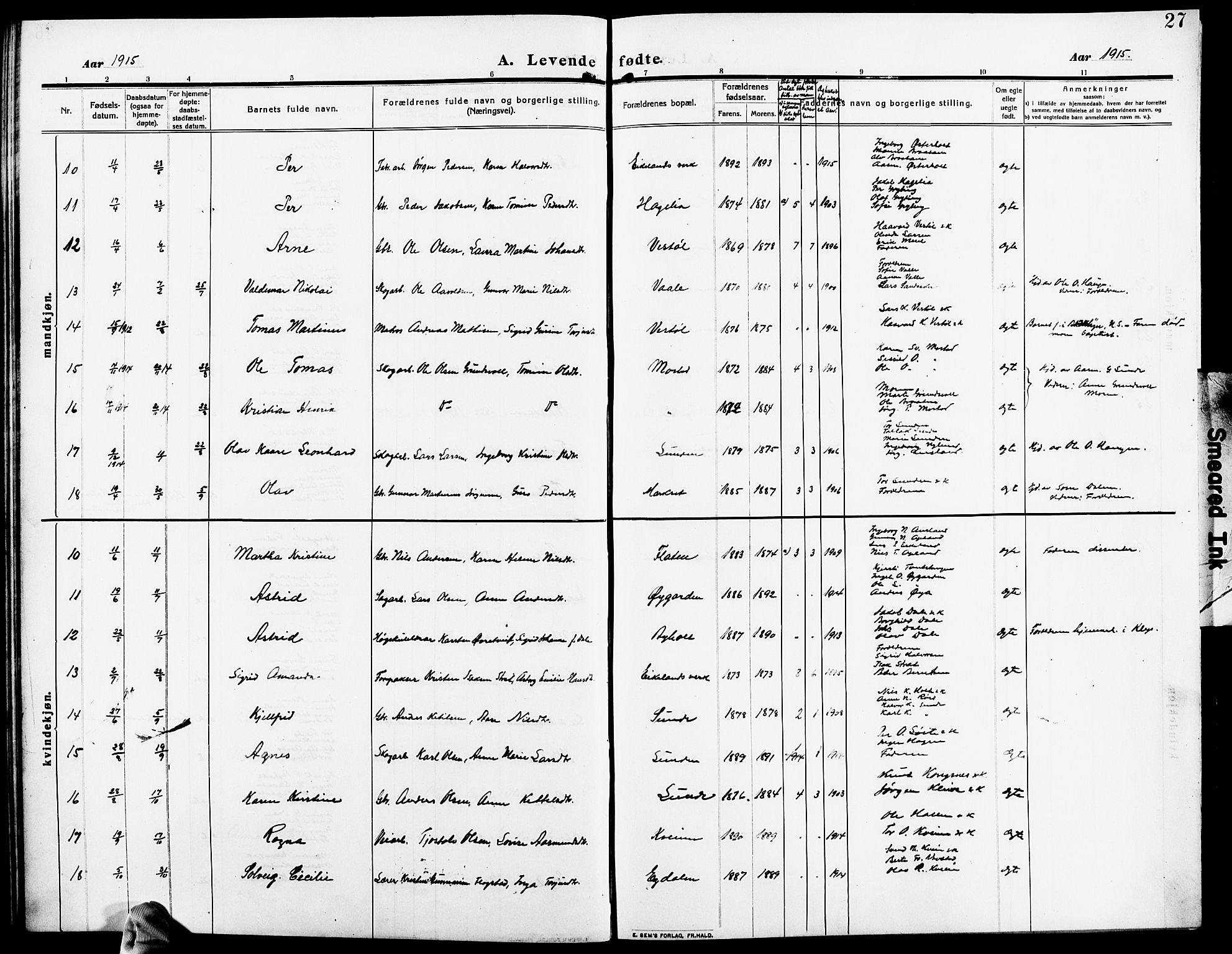 Gjerstad sokneprestkontor, SAK/1111-0014/F/Fb/Fba/L0008: Parish register (copy) no. B 8, 1909-1925, p. 27