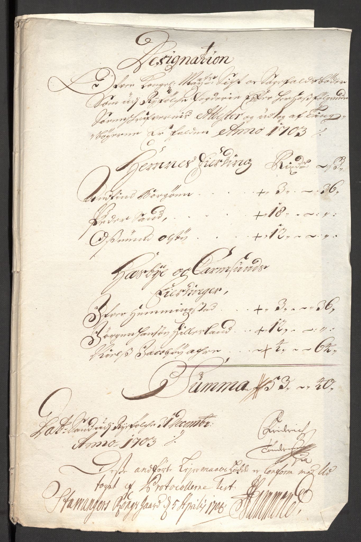 Rentekammeret inntil 1814, Reviderte regnskaper, Fogderegnskap, RA/EA-4092/R47/L2860: Fogderegnskap Ryfylke, 1703-1705, p. 33