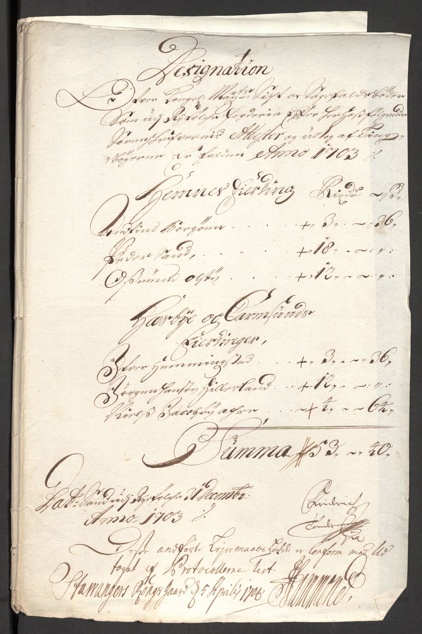 Rentekammeret inntil 1814, Reviderte regnskaper, Fogderegnskap, AV/RA-EA-4092/R47/L2860: Fogderegnskap Ryfylke, 1703-1705, p. 33