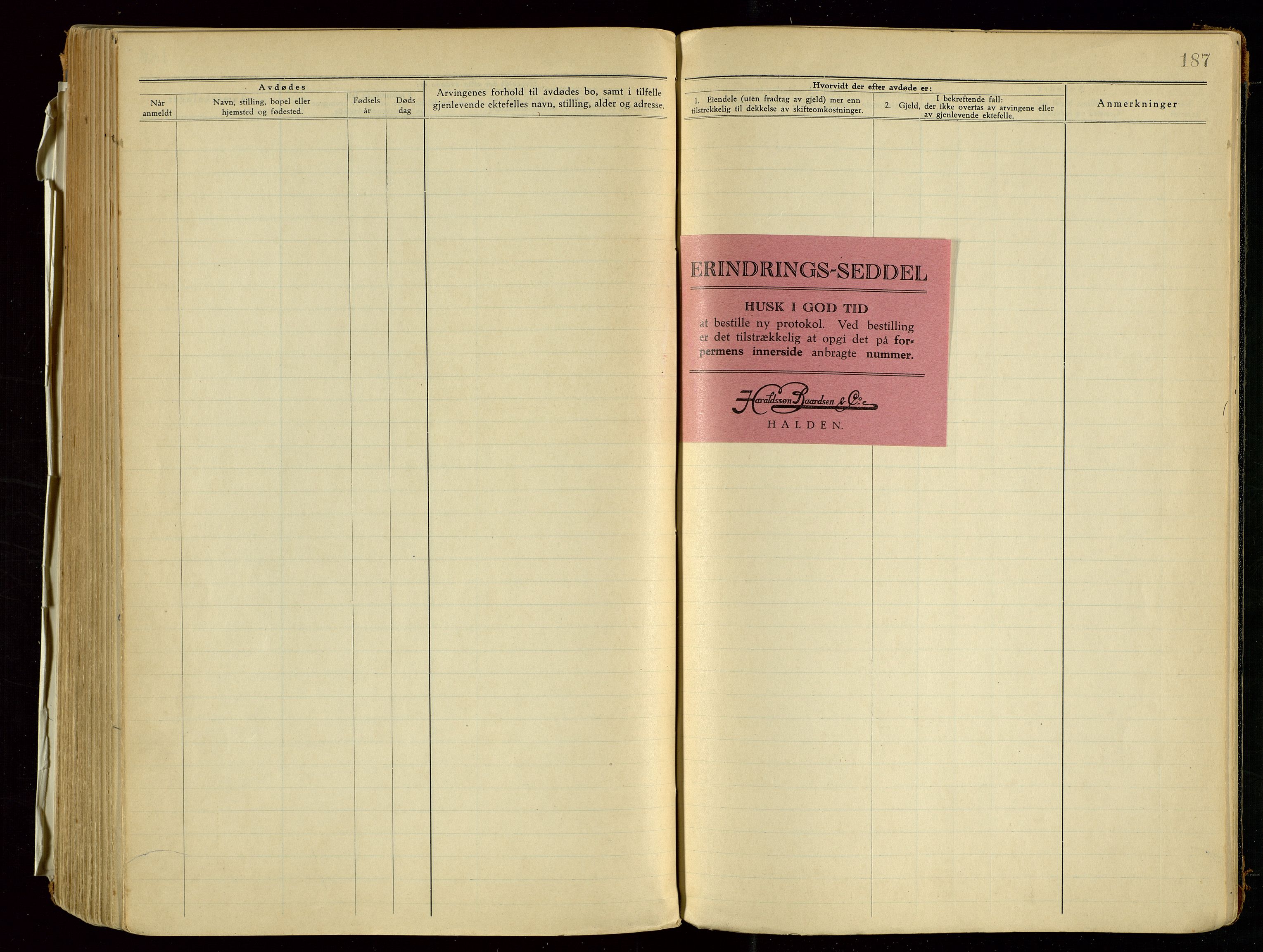 Skudenes lensmannskontor, SAST/A-100444/Gga/L0006: "Protokoll over anmeldte dødsfall", 1931-1943, p. 187