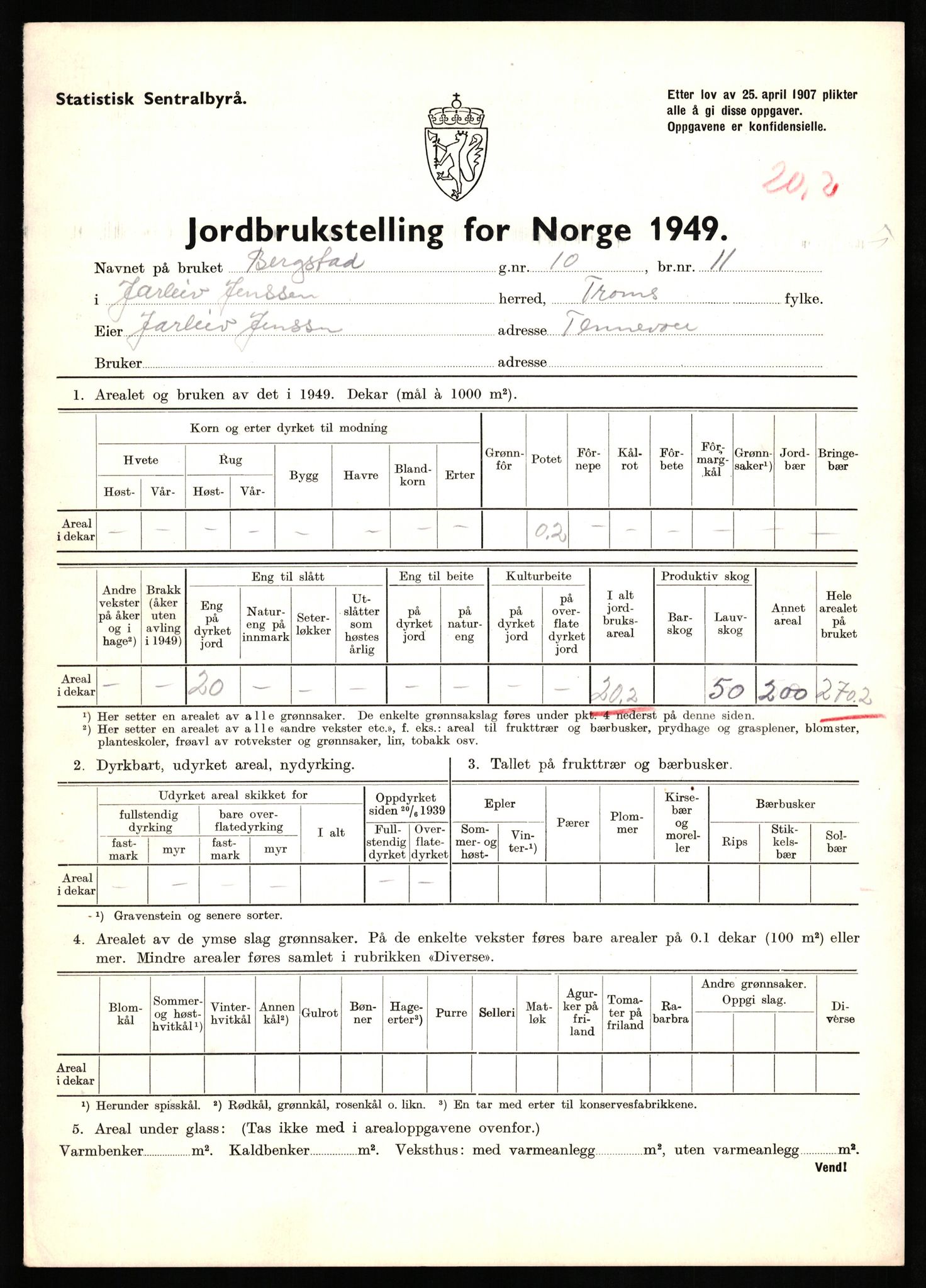 Statistisk sentralbyrå, Næringsøkonomiske emner, Jordbruk, skogbruk, jakt, fiske og fangst, AV/RA-S-2234/G/Gc/L0437: Troms: Gratangen og Lavangen, 1949, p. 171