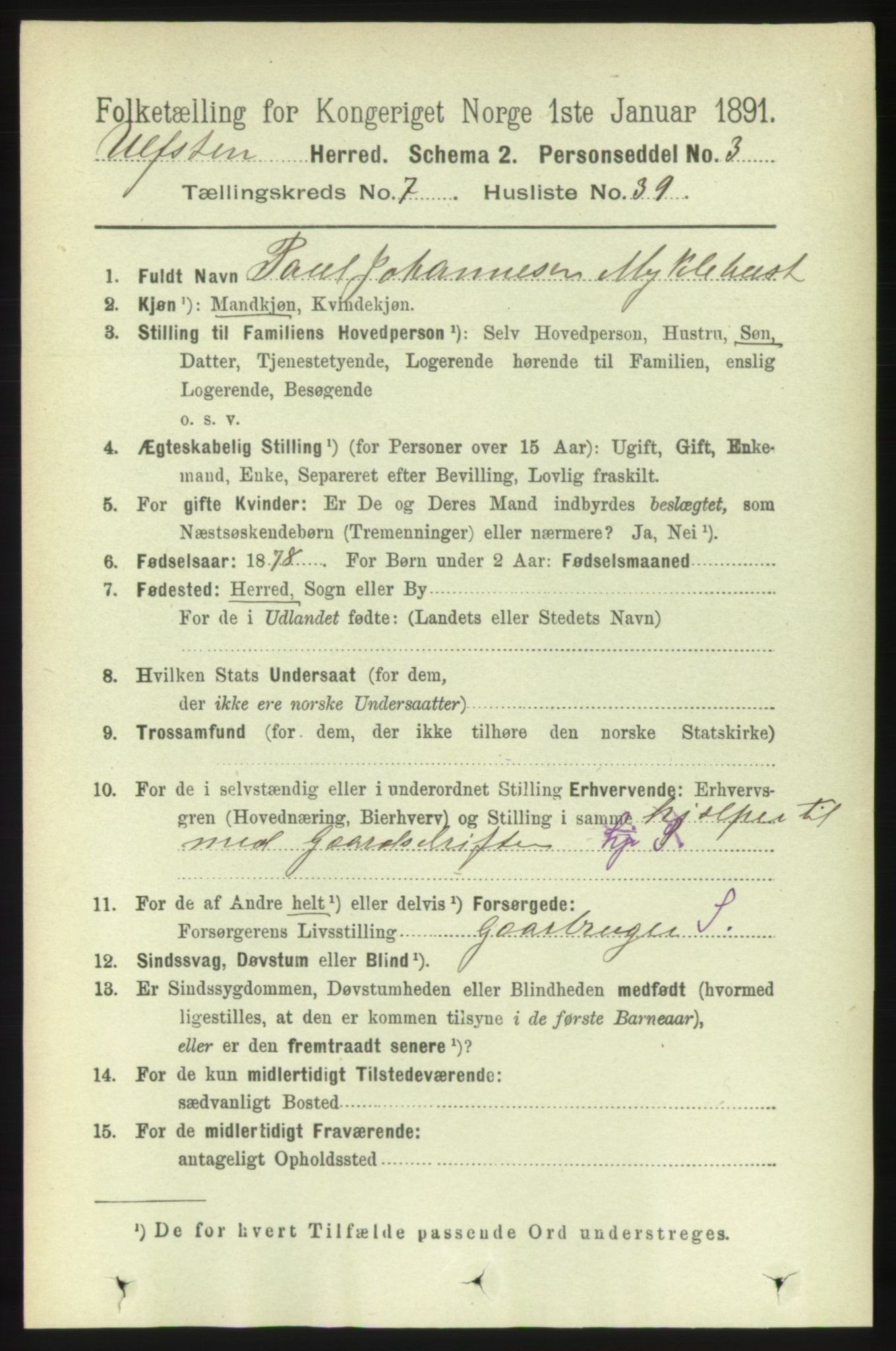 RA, 1891 census for 1516 Ulstein, 1891, p. 2389