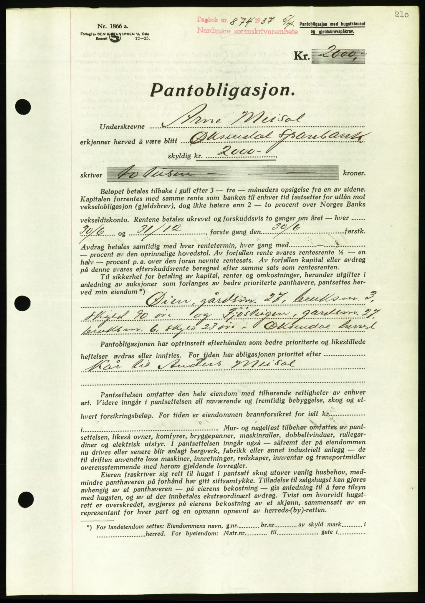 Nordmøre sorenskriveri, AV/SAT-A-4132/1/2/2Ca/L0091: Mortgage book no. B81, 1937-1937, Diary no: : 874/1937