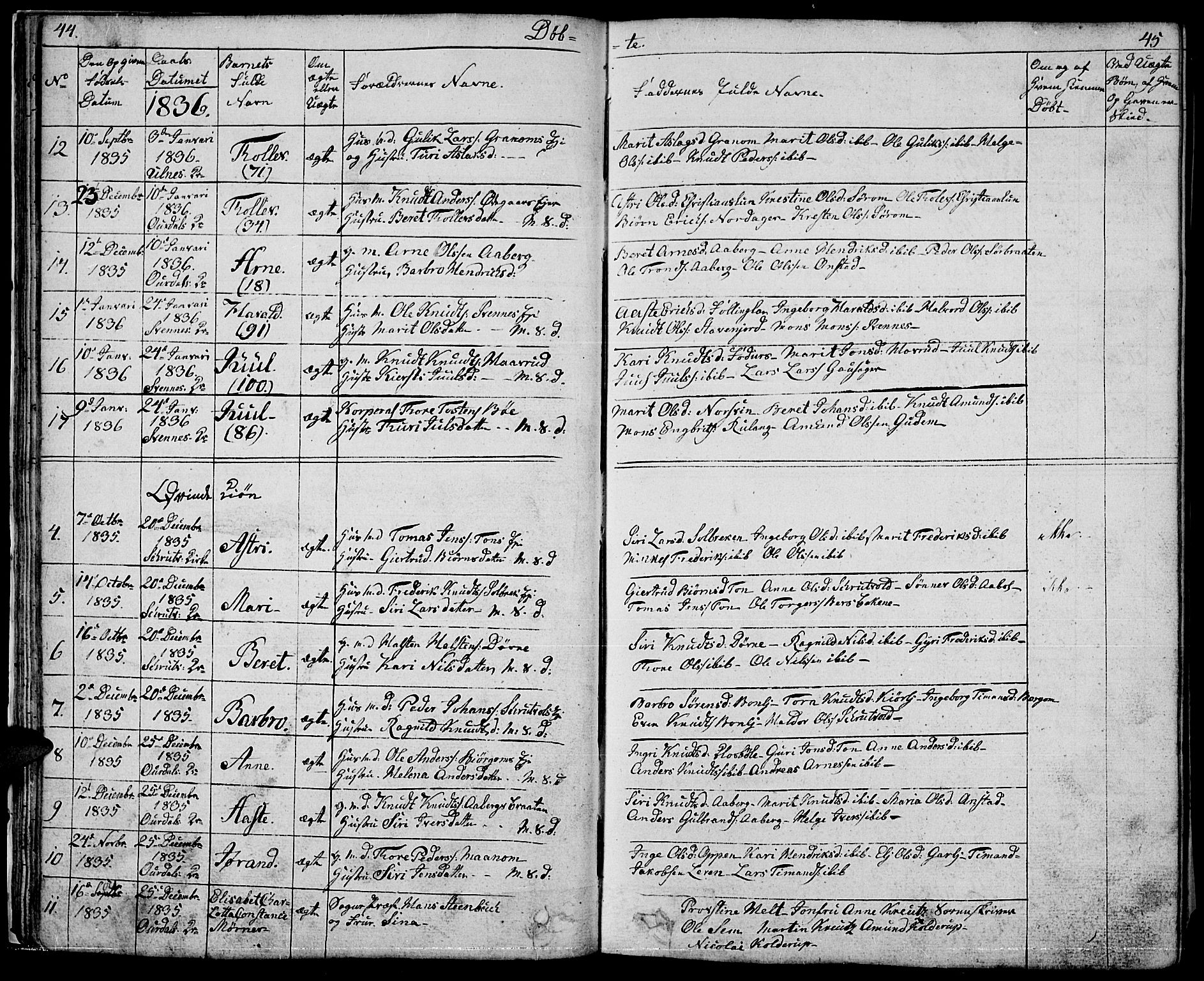 Nord-Aurdal prestekontor, AV/SAH-PREST-132/H/Ha/Hab/L0001: Parish register (copy) no. 1, 1834-1887, p. 44-45