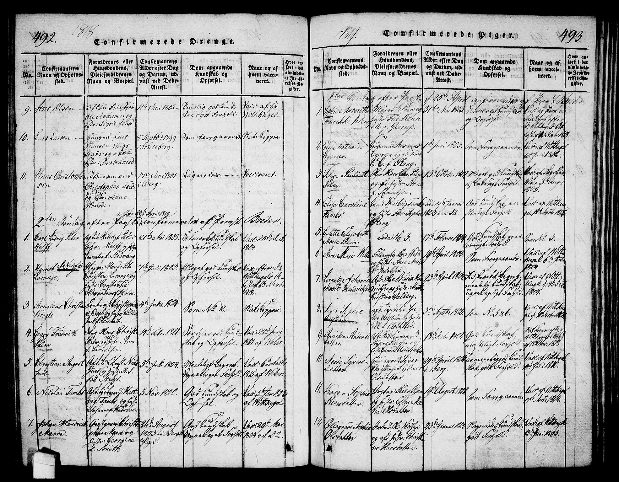 Halden prestekontor Kirkebøker, SAO/A-10909/G/Ga/L0001: Parish register (copy) no. 1, 1815-1833, p. 492-493