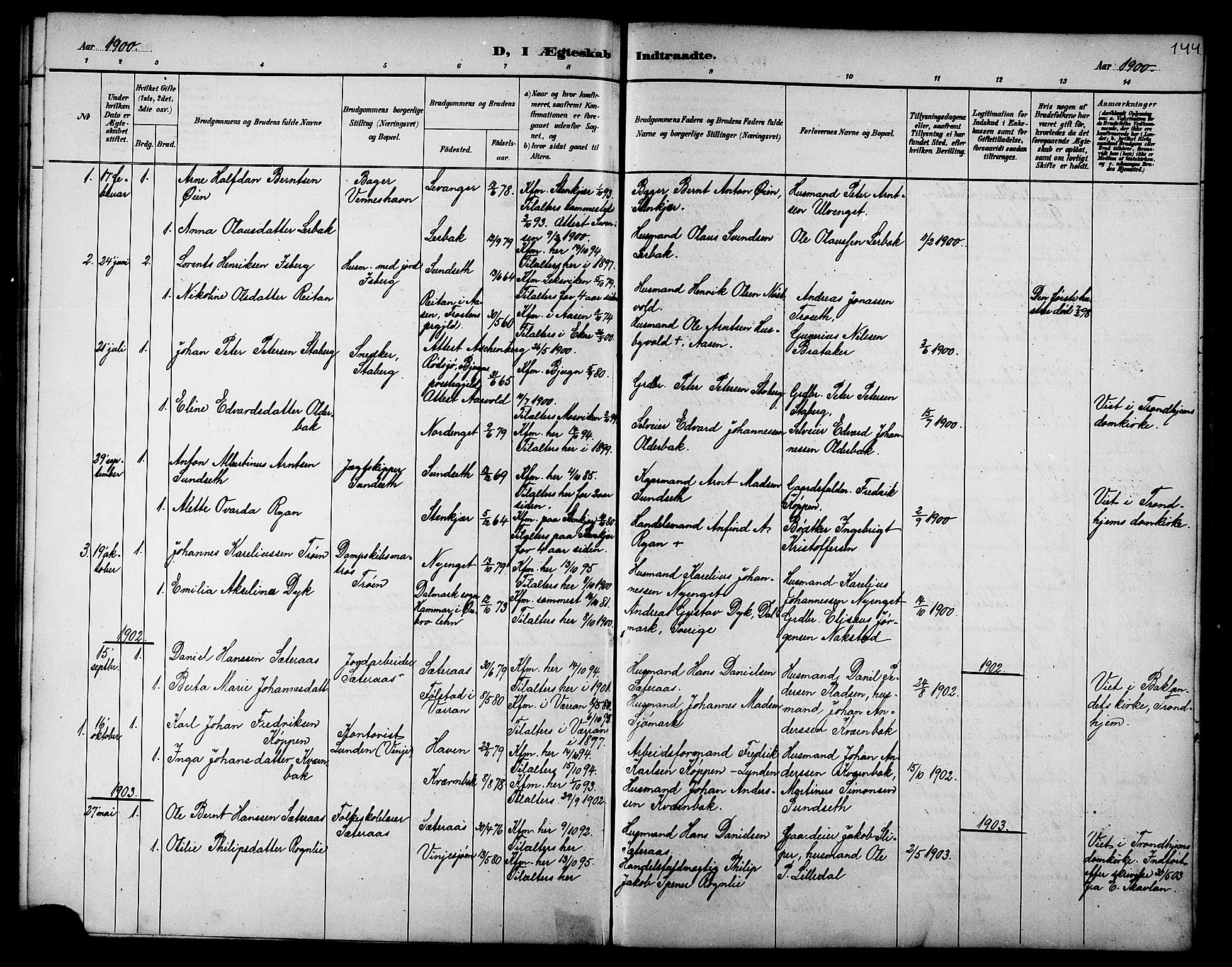 Ministerialprotokoller, klokkerbøker og fødselsregistre - Nord-Trøndelag, AV/SAT-A-1458/733/L0327: Parish register (copy) no. 733C02, 1888-1918, p. 144