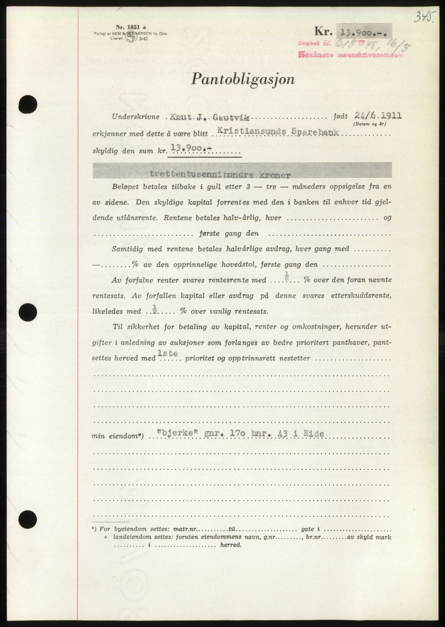 Nordmøre sorenskriveri, AV/SAT-A-4132/1/2/2Ca: Mortgage book no. B98, 1948-1948, Diary no: : 613/1948