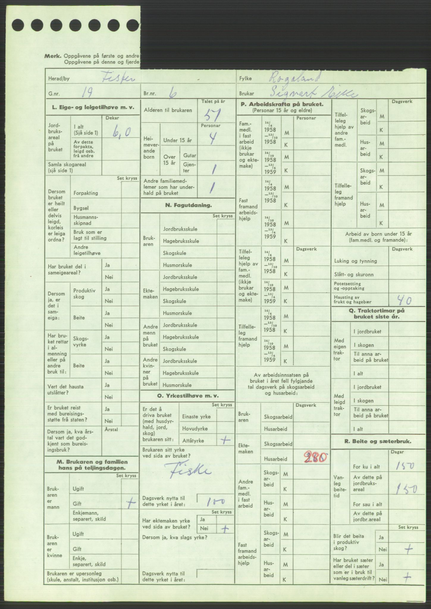 Statistisk sentralbyrå, Næringsøkonomiske emner, Jordbruk, skogbruk, jakt, fiske og fangst, AV/RA-S-2234/G/Gd/L0373: Rogaland: 1130 Strand (kl. 1-2), 1131 Årdal og 1132 Fister, 1959, p. 1785