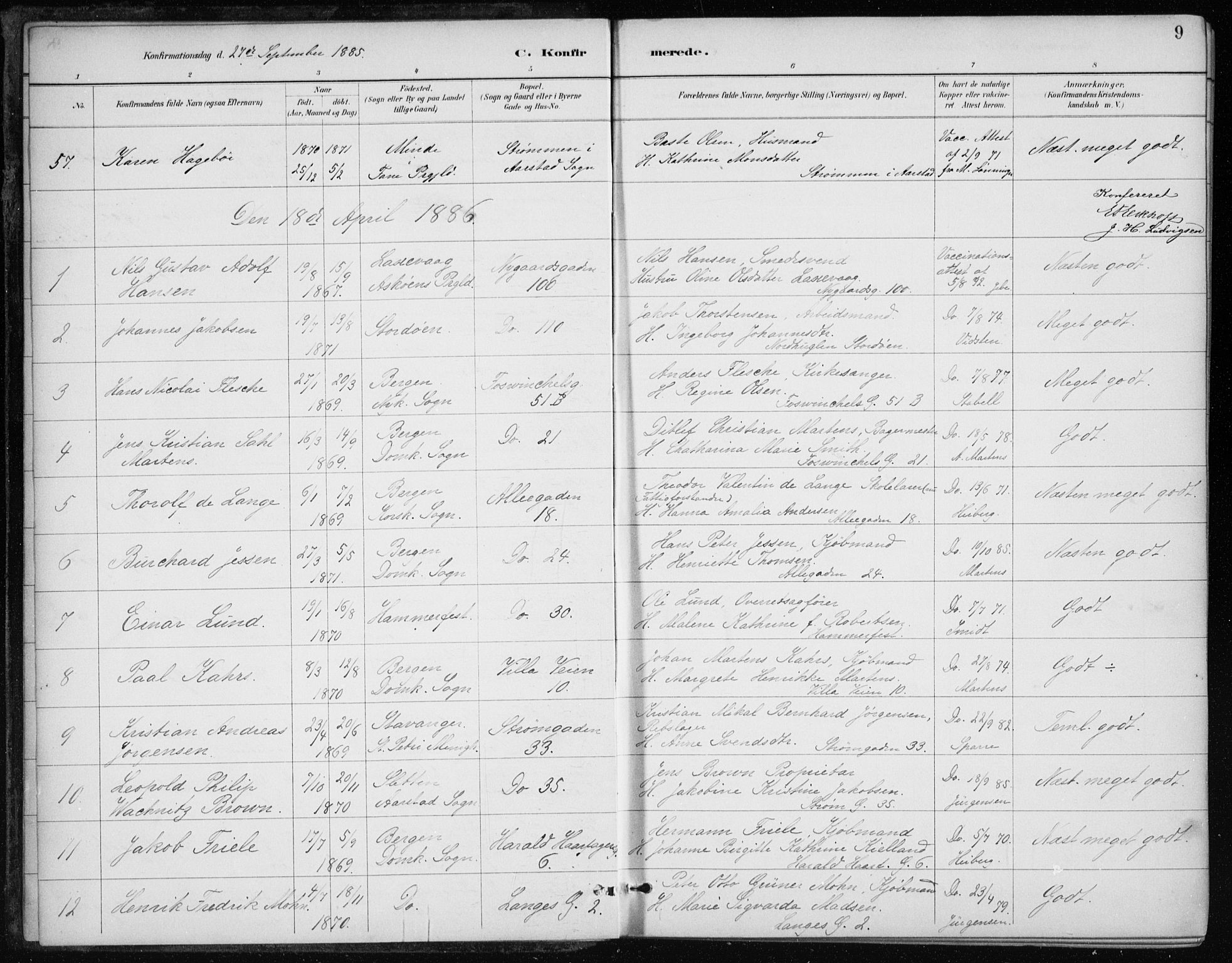 Johanneskirken sokneprestembete, AV/SAB-A-76001/H/Haa/L0008: Parish register (official) no. C 1, 1885-1907, p. 9