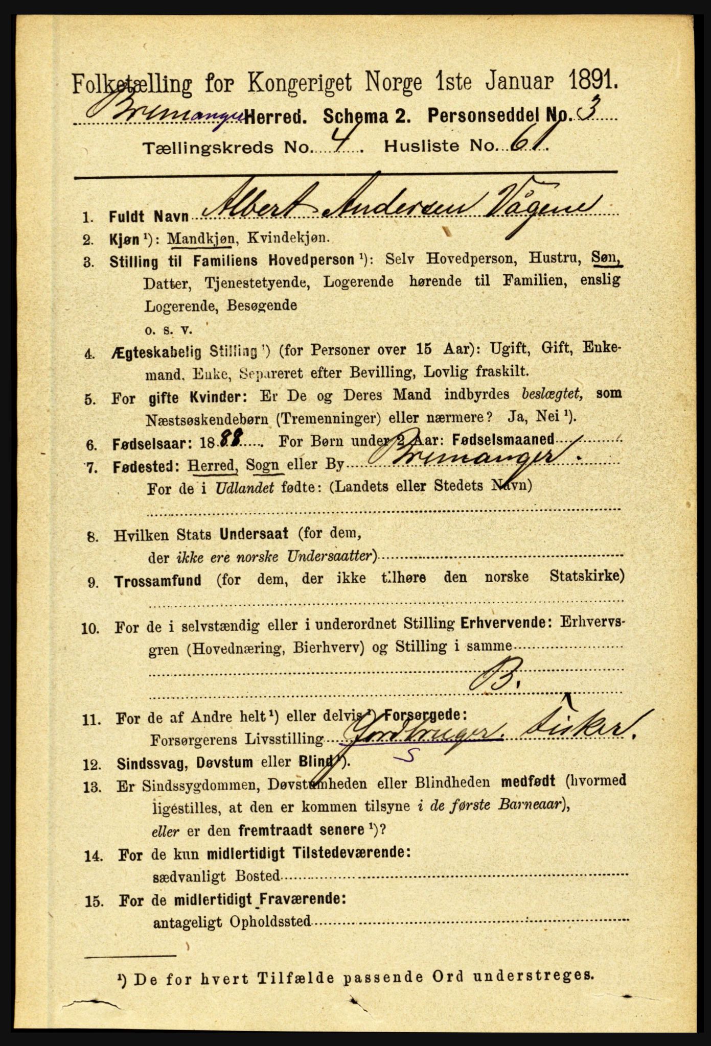 RA, 1891 census for 1438 Bremanger, 1891, p. 1886