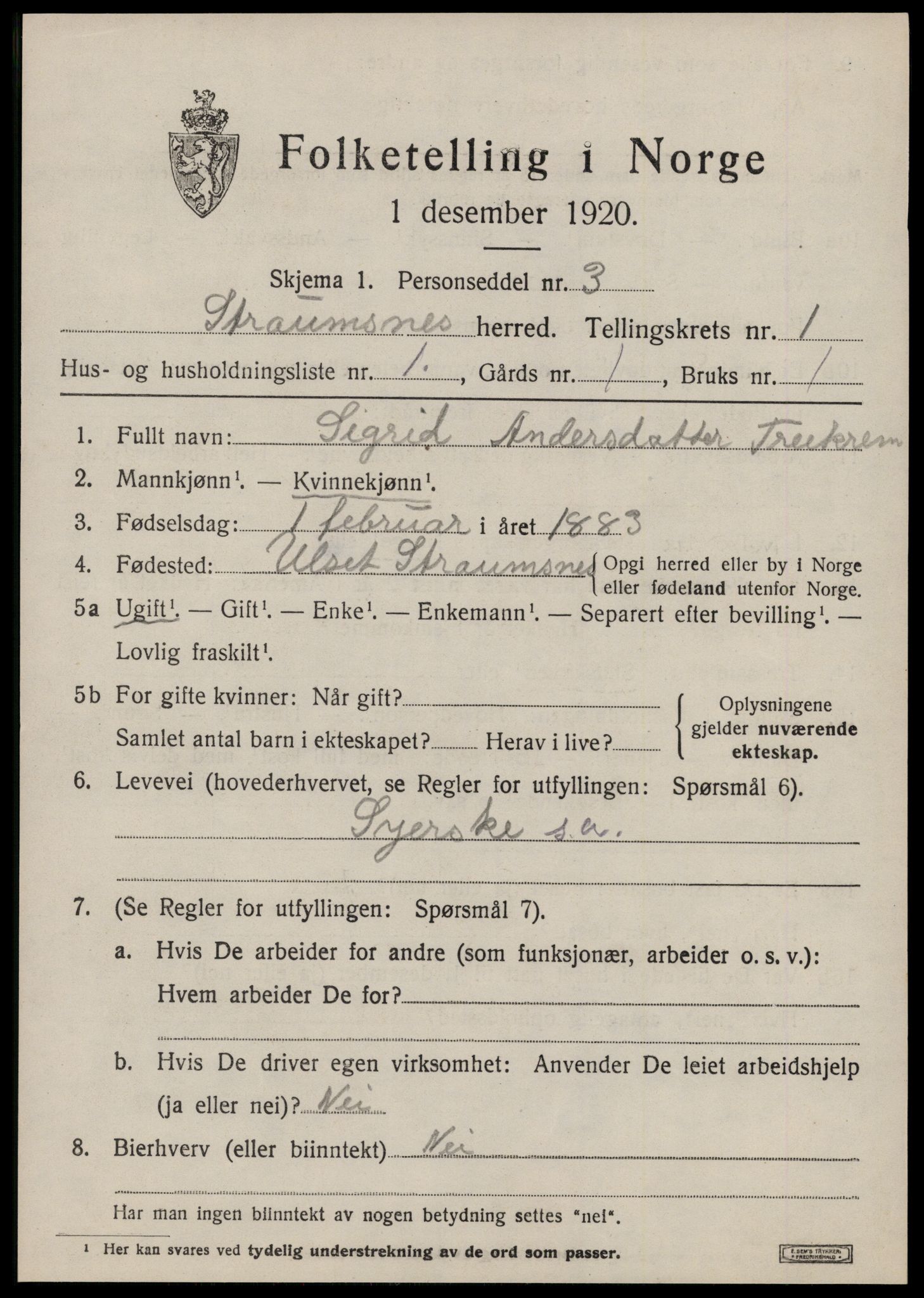 SAT, 1920 census for Straumsnes, 1920, p. 487