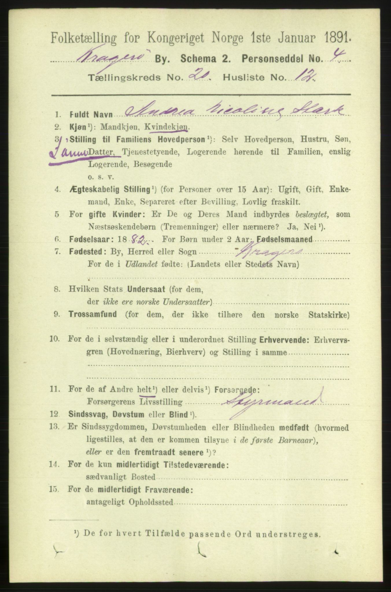 RA, 1891 census for 0801 Kragerø, 1891, p. 4693