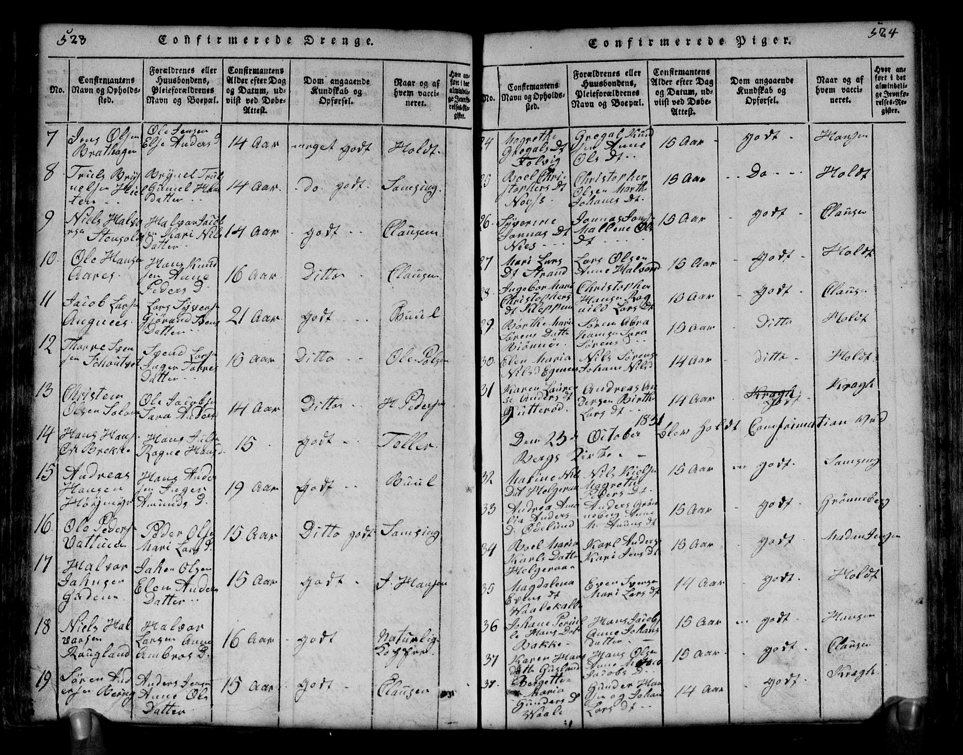Brunlanes kirkebøker, SAKO/A-342/G/Ga/L0001: Parish register (copy) no. I 1, 1814-1834, p. 523-524