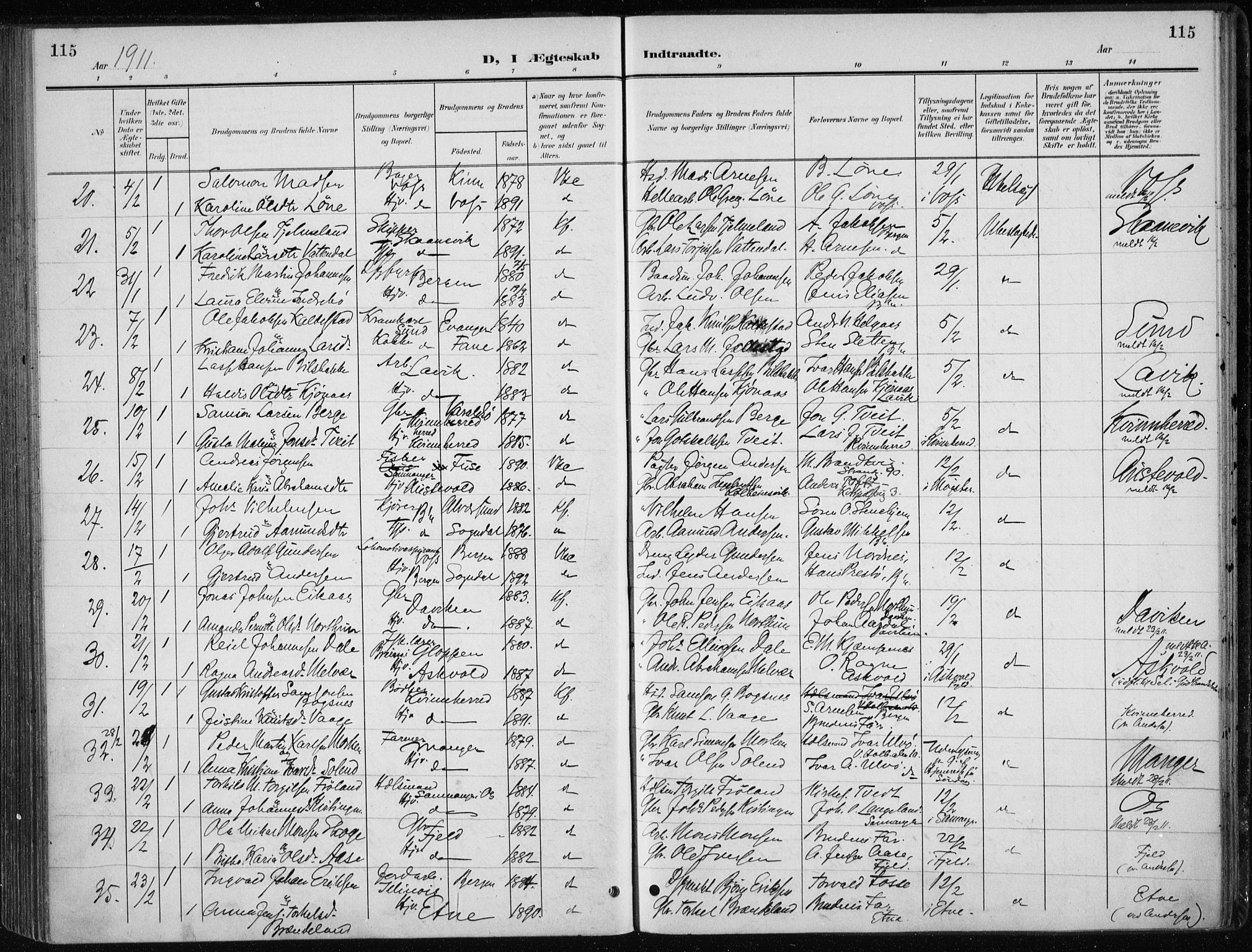 Nykirken Sokneprestembete, AV/SAB-A-77101/H/Haa/L0035: Parish register (official) no. D 5, 1905-1913, p. 115