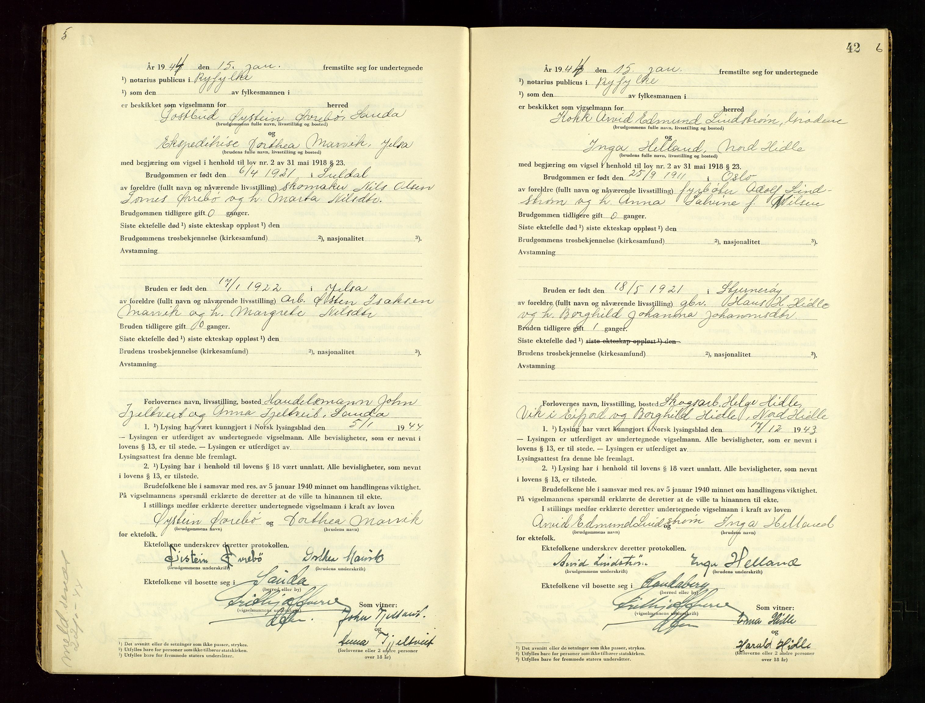 Ryfylke tingrett, AV/SAST-A-100055/001/III/IIIC/L0003: Vigselbok, 1943-1944, p. 42