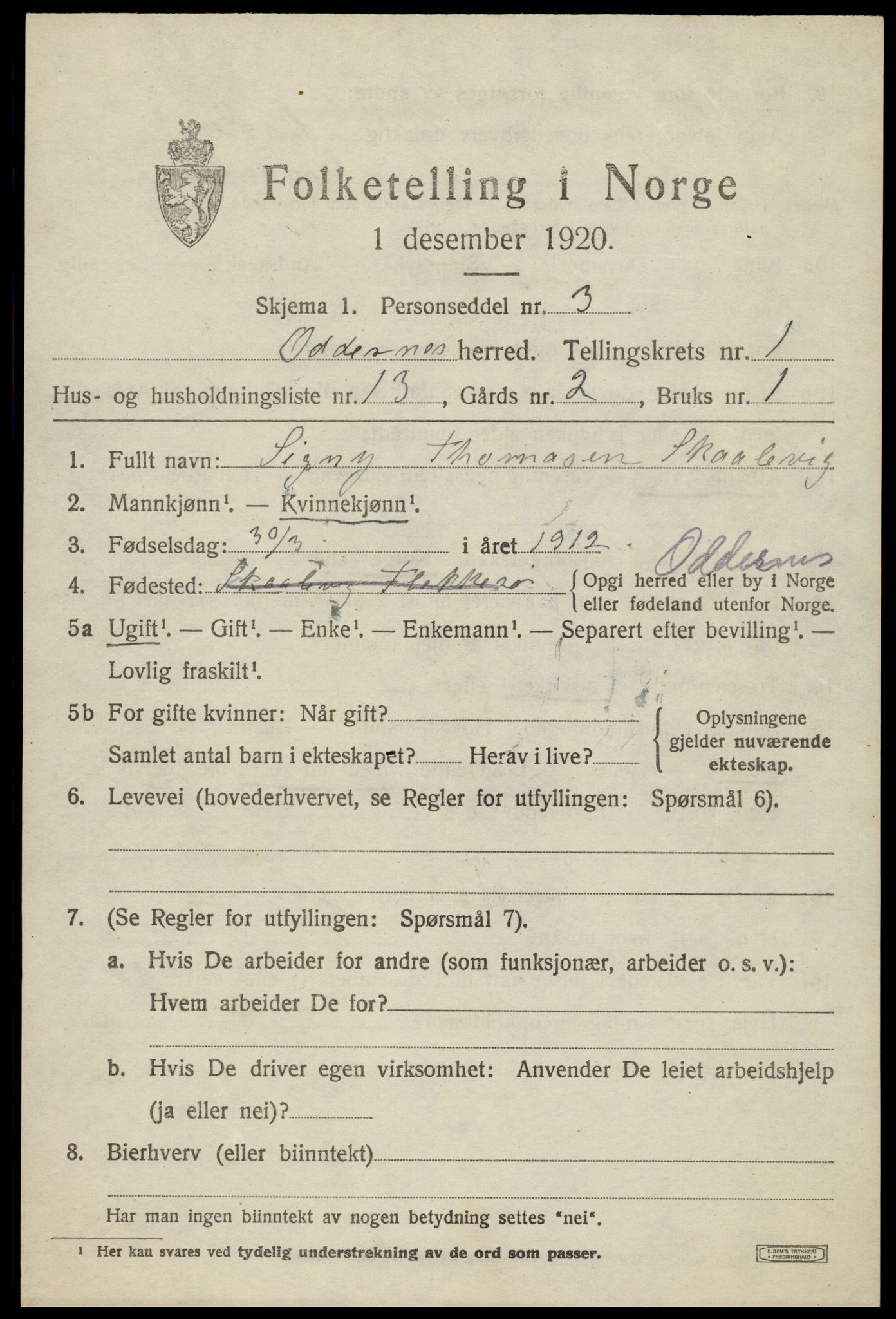SAK, 1920 census for Oddernes, 1920, p. 2165