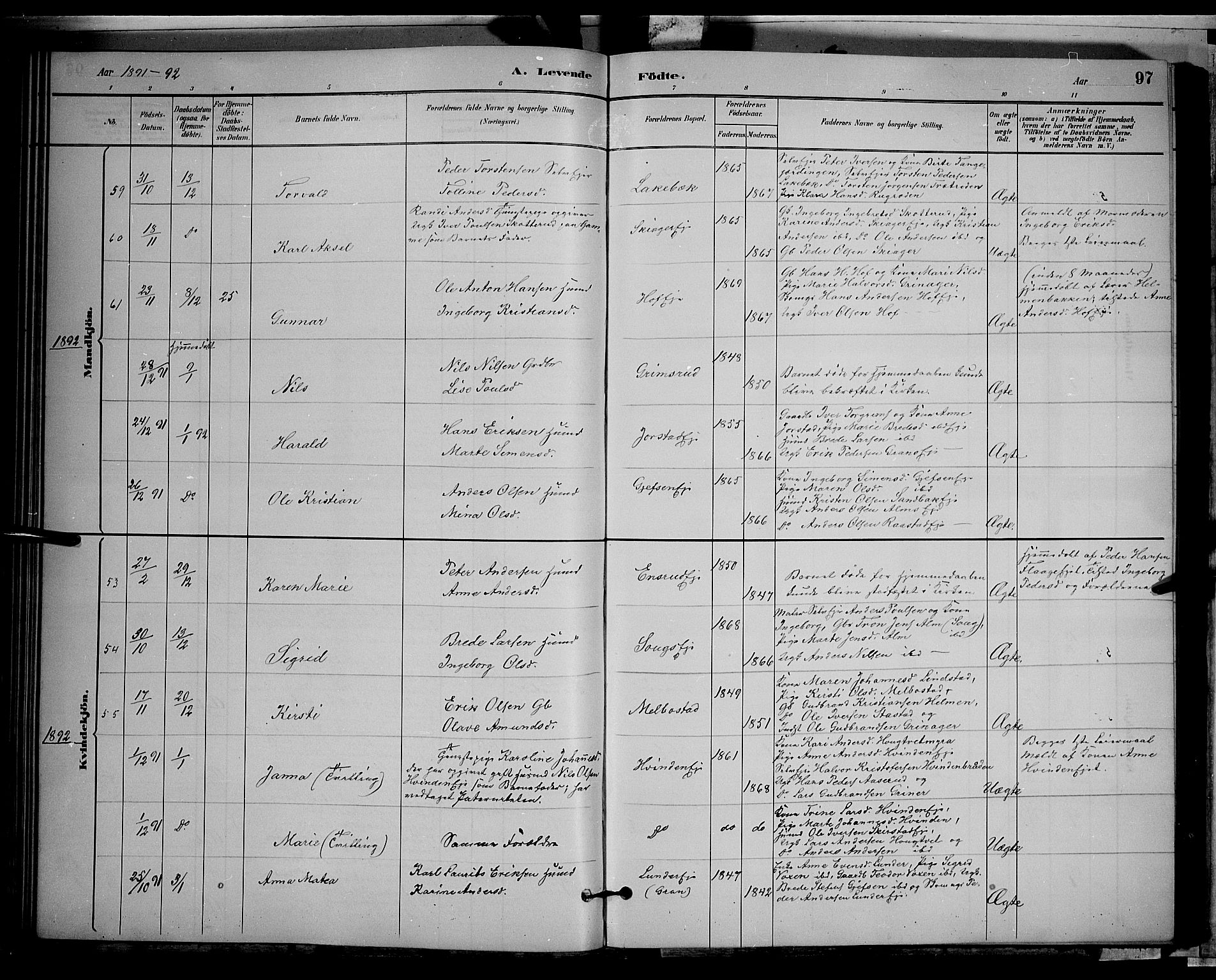 Gran prestekontor, SAH/PREST-112/H/Ha/Hab/L0002: Parish register (copy) no. 2, 1879-1892, p. 97