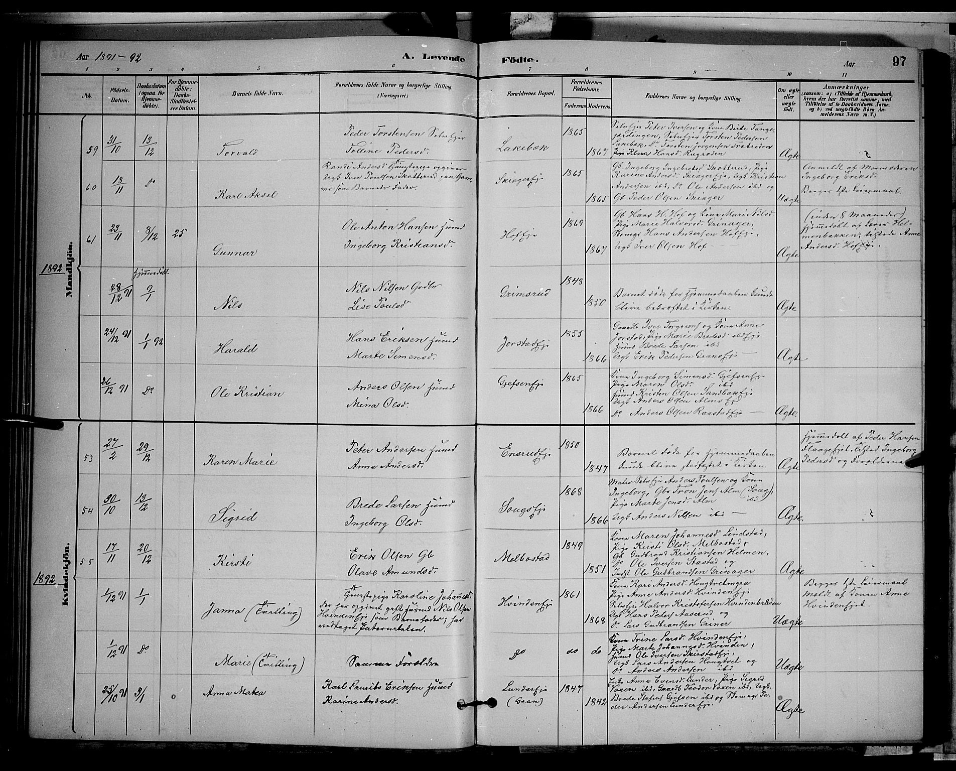 Gran prestekontor, AV/SAH-PREST-112/H/Ha/Hab/L0002: Parish register (copy) no. 2, 1879-1892, p. 97