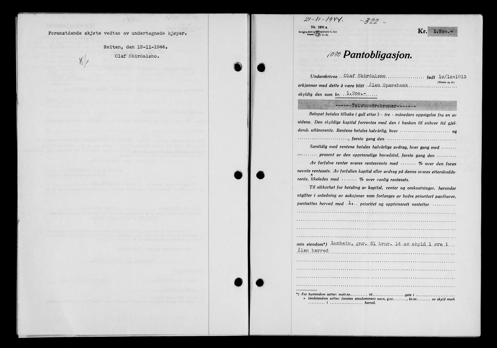 Gauldal sorenskriveri, SAT/A-0014/1/2/2C/L0058: Mortgage book no. 63, 1944-1945, Diary no: : 1080/1944