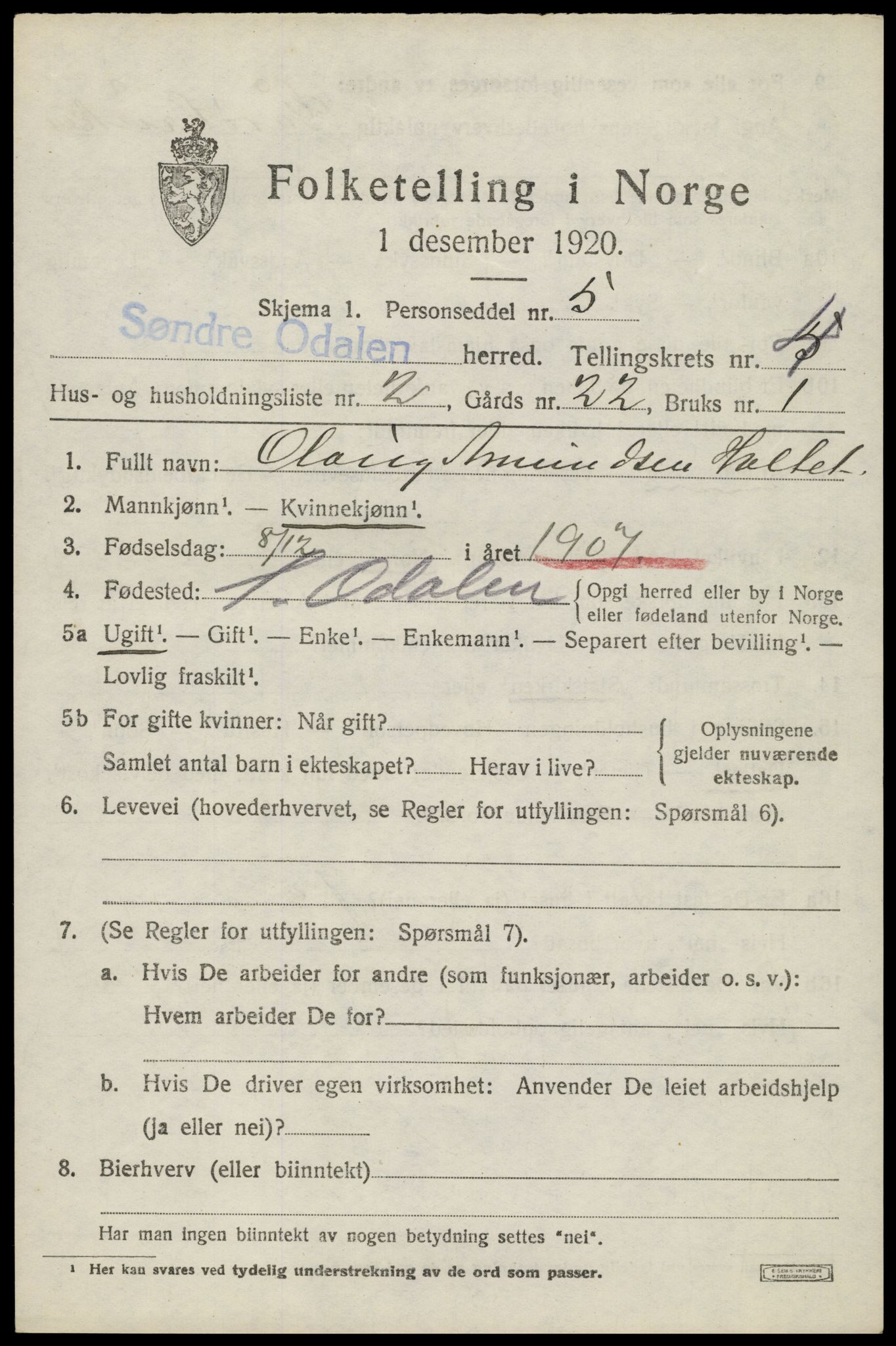 SAH, 1920 census for Sør-Odal, 1920, p. 5033