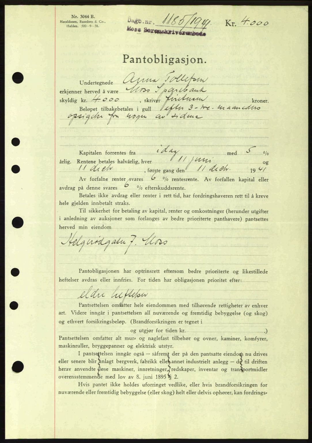 Moss sorenskriveri, SAO/A-10168: Mortgage book no. B10, 1940-1941, Diary no: : 1185/1941