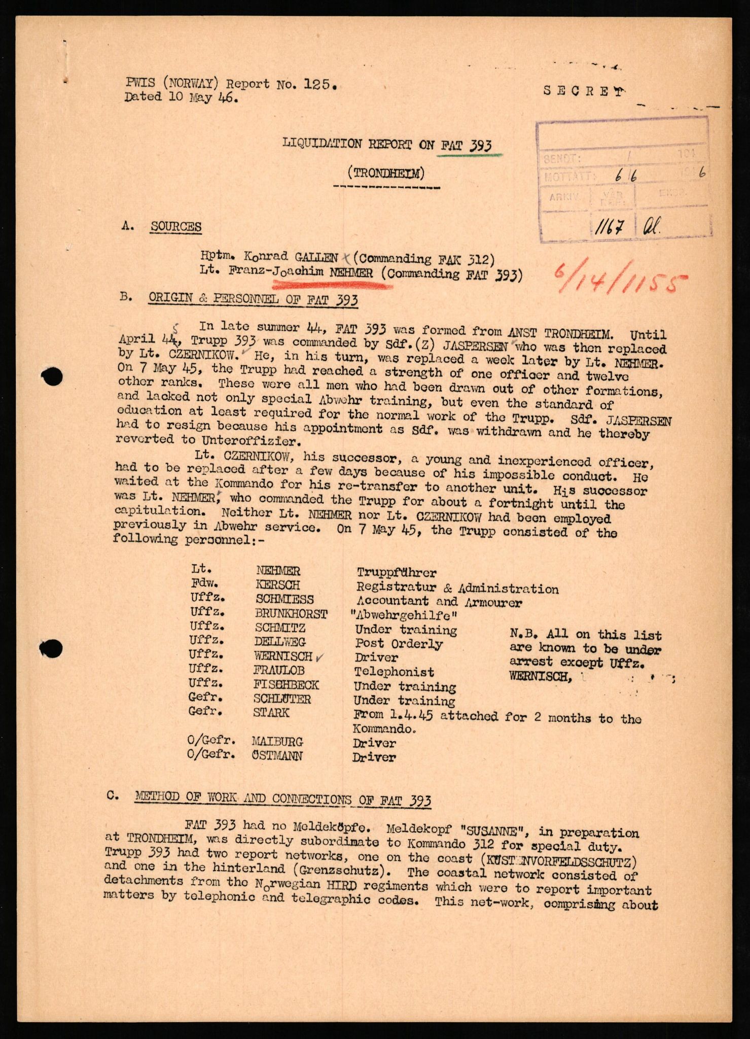 Forsvaret, Forsvarets overkommando II, RA/RAFA-3915/D/Db/L0023: CI Questionaires. Tyske okkupasjonsstyrker i Norge. Tyskere., 1945-1946, p. 512