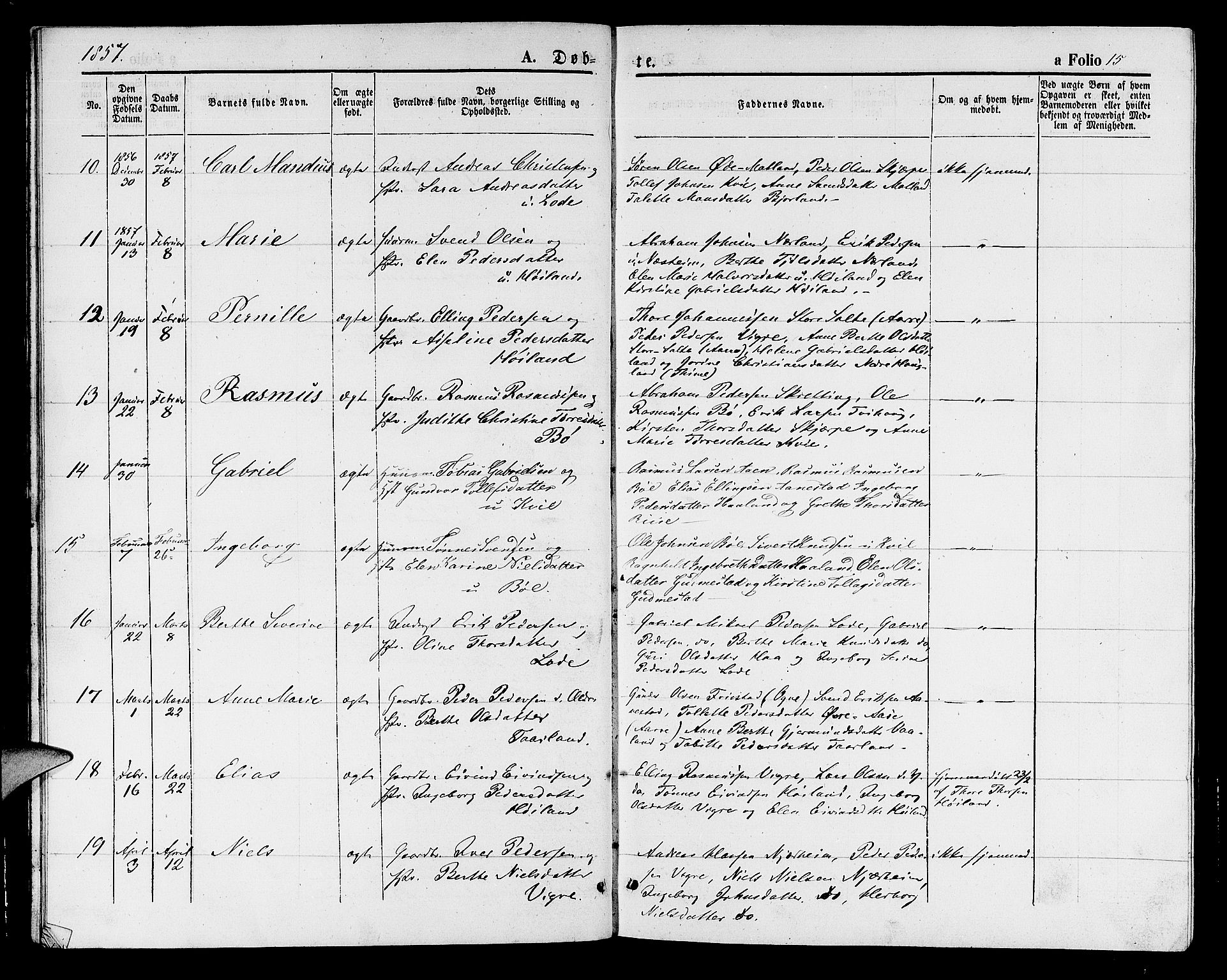 Hå sokneprestkontor, AV/SAST-A-101801/001/30BB/L0001: Parish register (copy) no. B 1, 1854-1883, p. 15