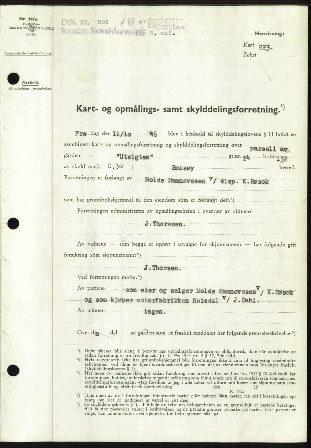 Romsdal sorenskriveri, AV/SAT-A-4149/1/2/2C: Mortgage book no. A22, 1947-1947, Diary no: : 986/1947