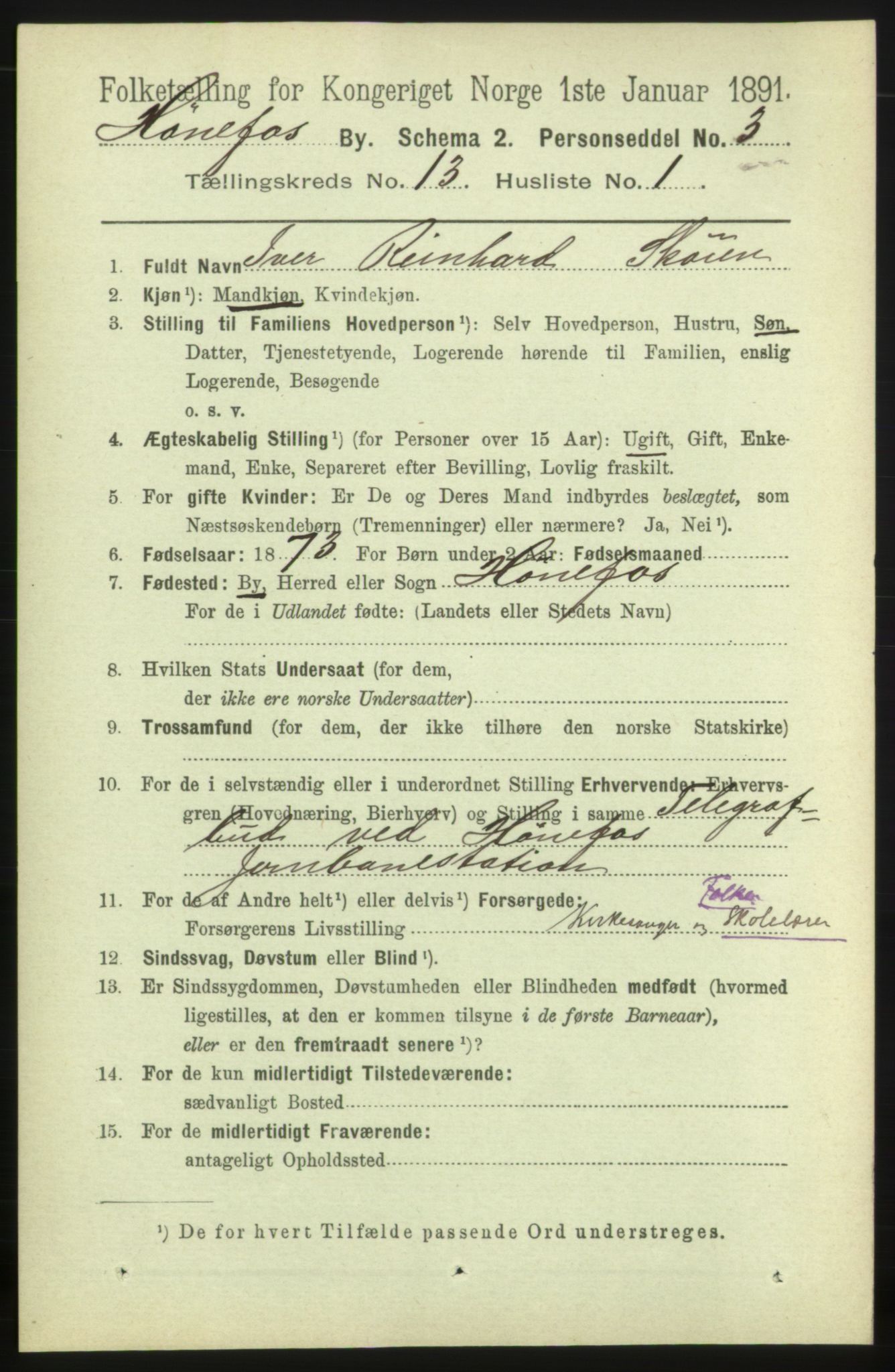 RA, 1891 census for 0601 Hønefoss, 1891, p. 1612