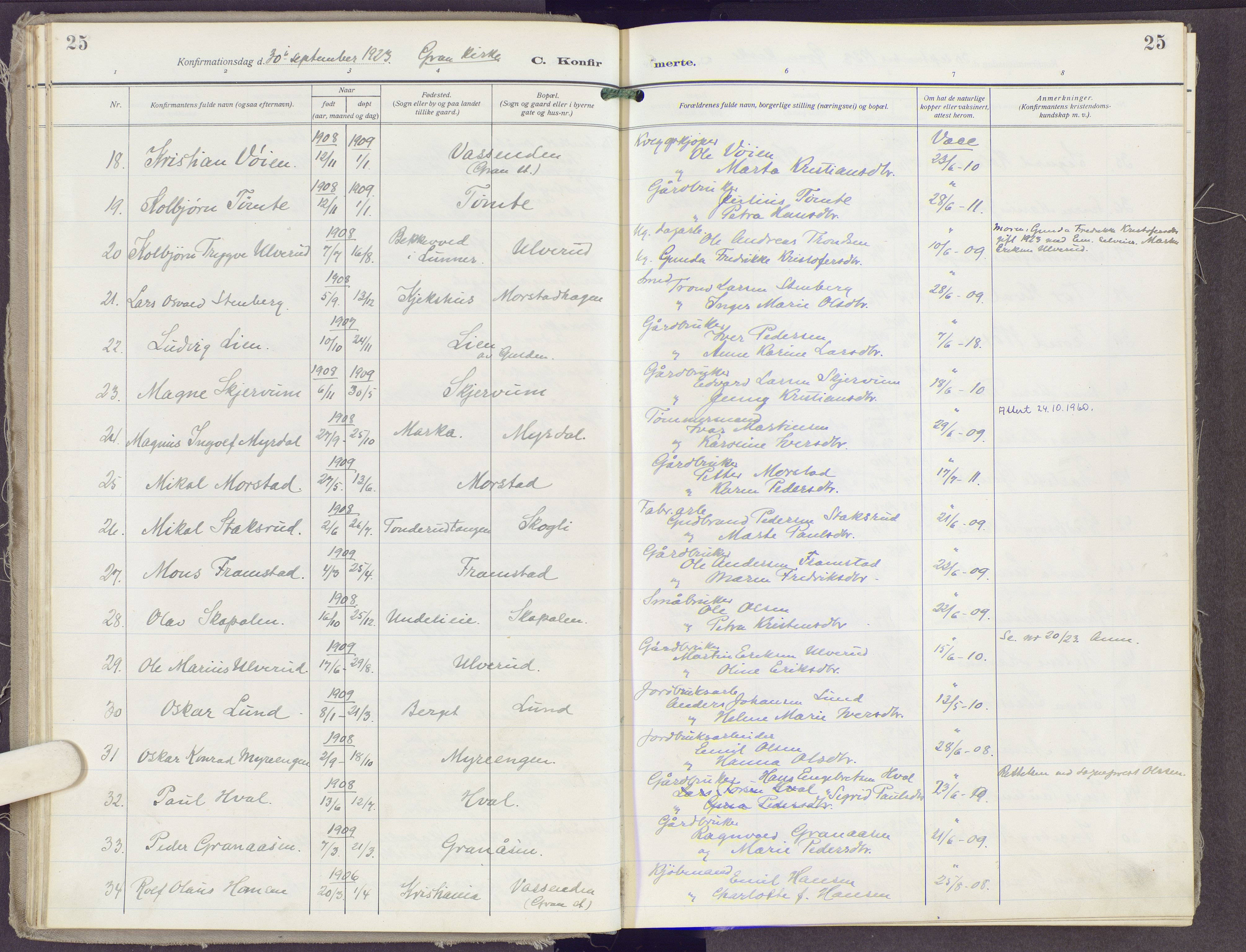 Gran prestekontor, SAH/PREST-112/H/Ha/Haa/L0023: Parish register (official) no. 23, 1919-1938, p. 25
