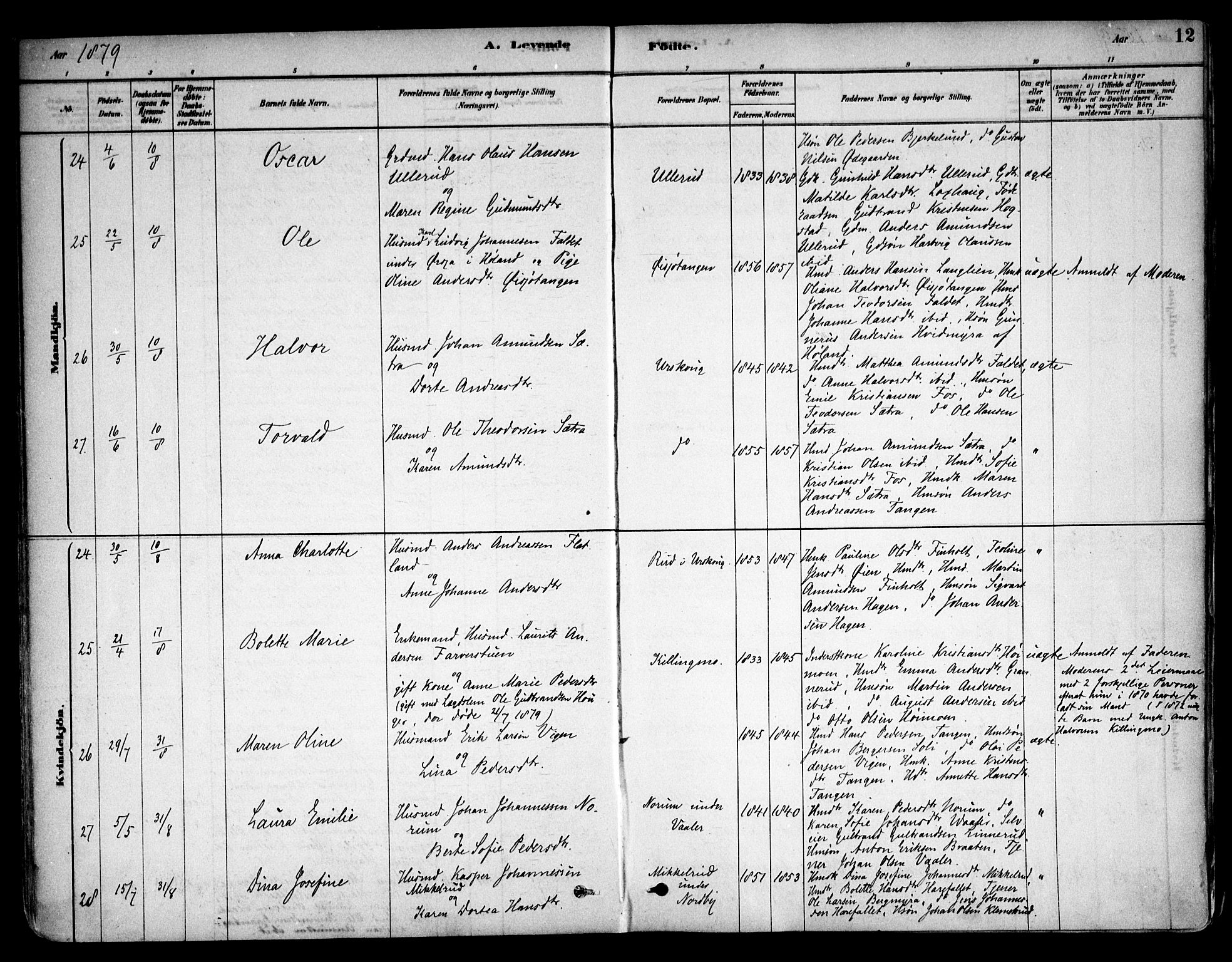 Aurskog prestekontor Kirkebøker, AV/SAO-A-10304a/F/Fa/L0008: Parish register (official) no. I 8, 1878-1937, p. 12