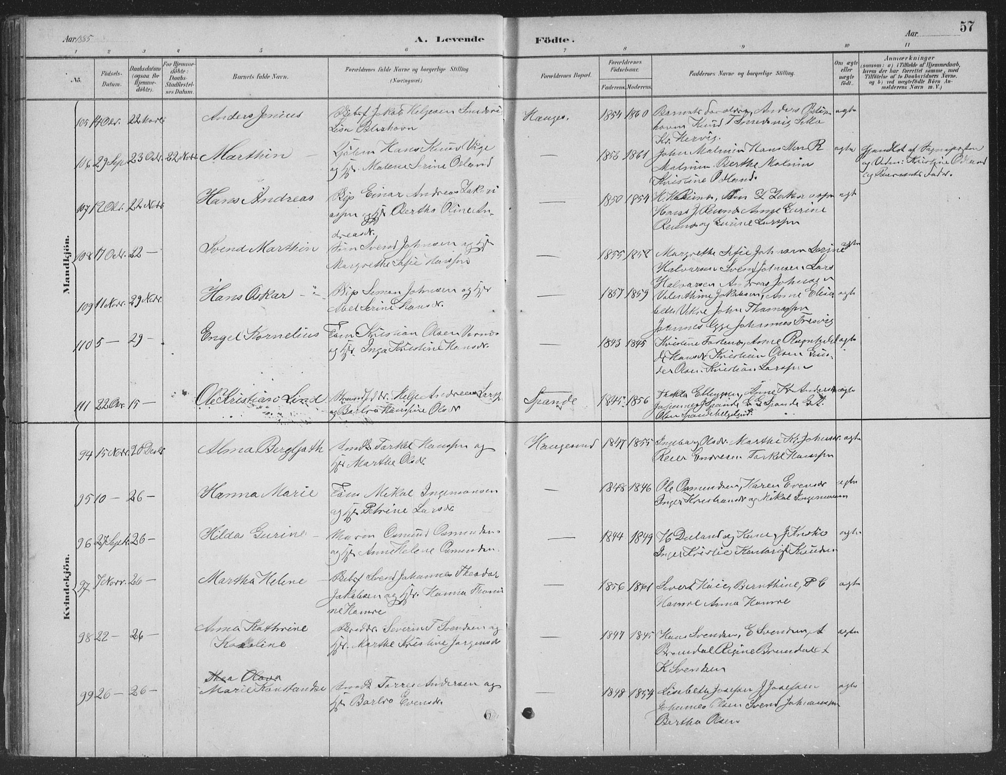 Haugesund sokneprestkontor, SAST/A -101863/H/Ha/Hab/L0002: Parish register (copy) no. B 2, 1881-1894, p. 57