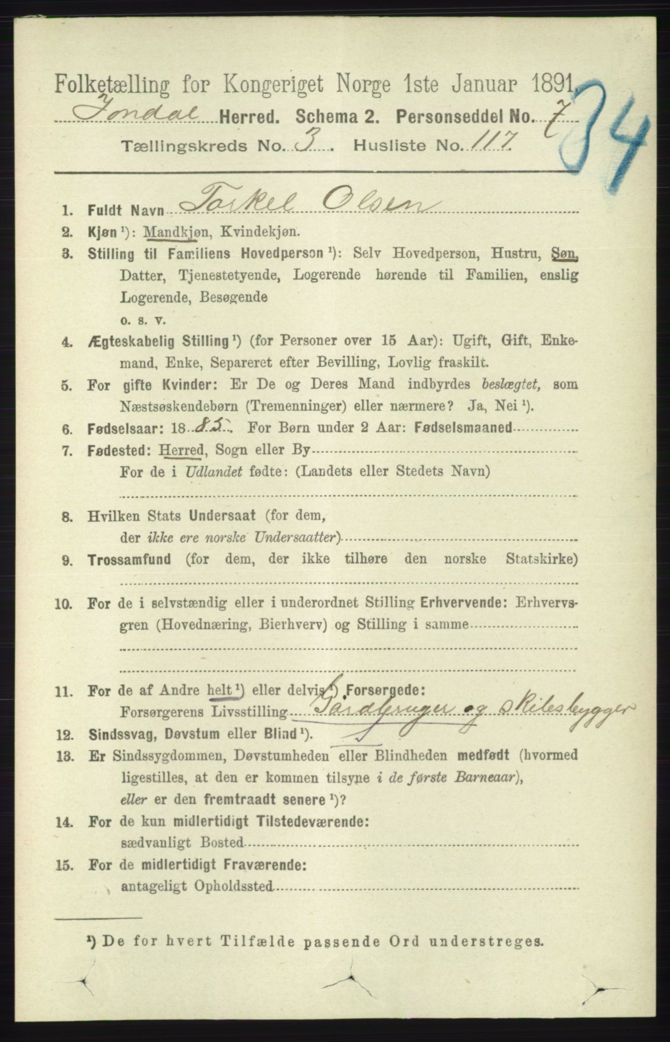 RA, 1891 census for 1227 Jondal, 1891, p. 1985