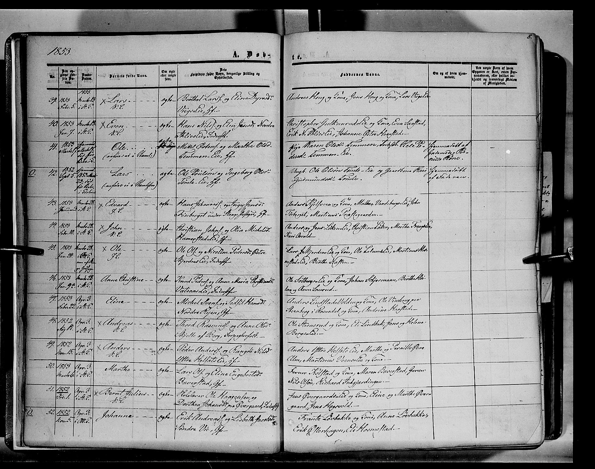 Stange prestekontor, SAH/PREST-002/K/L0012: Parish register (official) no. 12, 1852-1862, p. 8