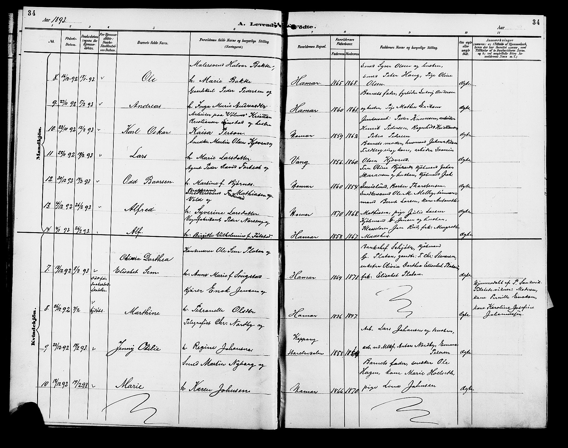 Vang prestekontor, Hedmark, SAH/PREST-008/H/Ha/Hab/L0013: Parish register (copy) no. 13, 1890-1899, p. 34