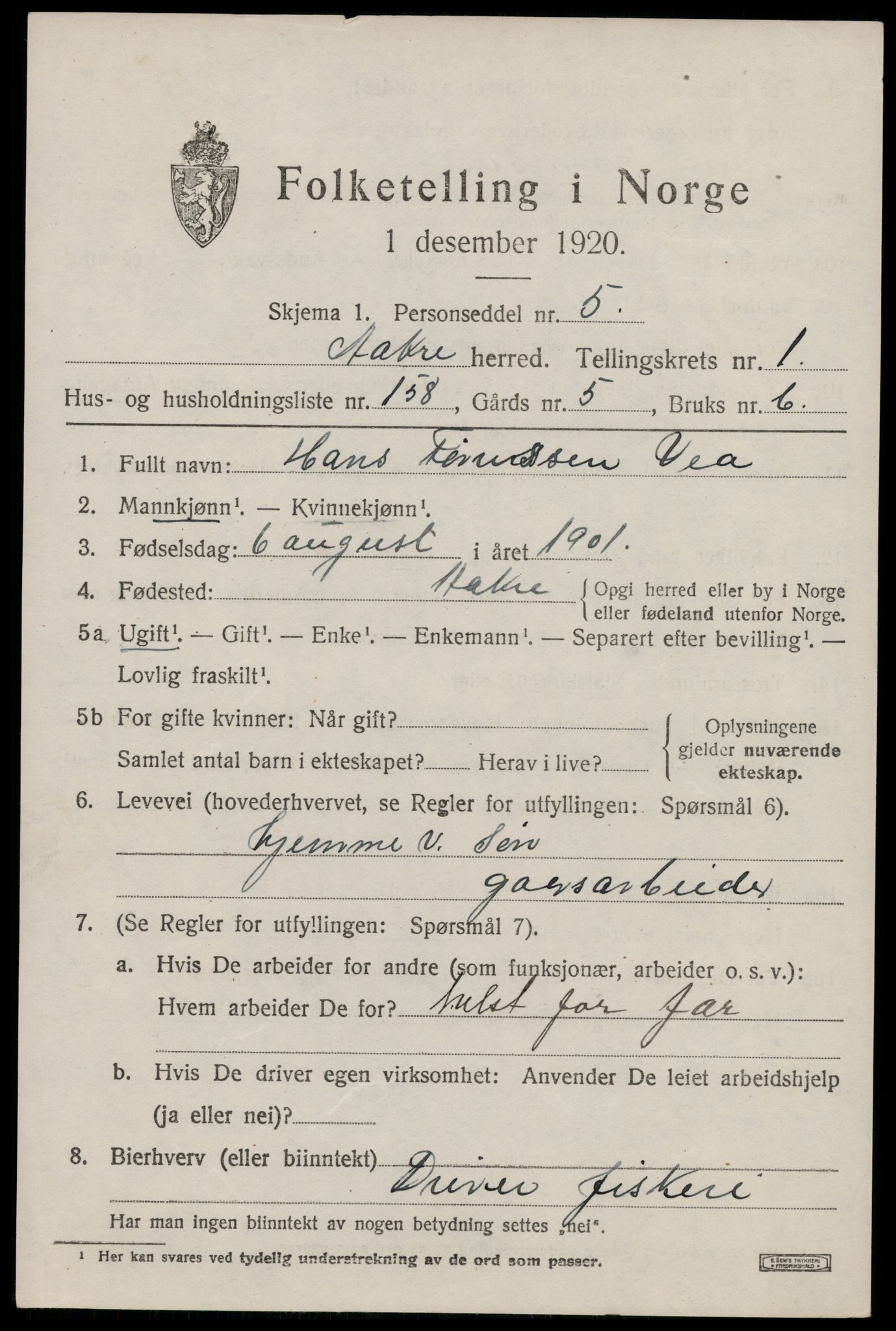 SAST, 1920 census for Åkra, 1920, p. 2950