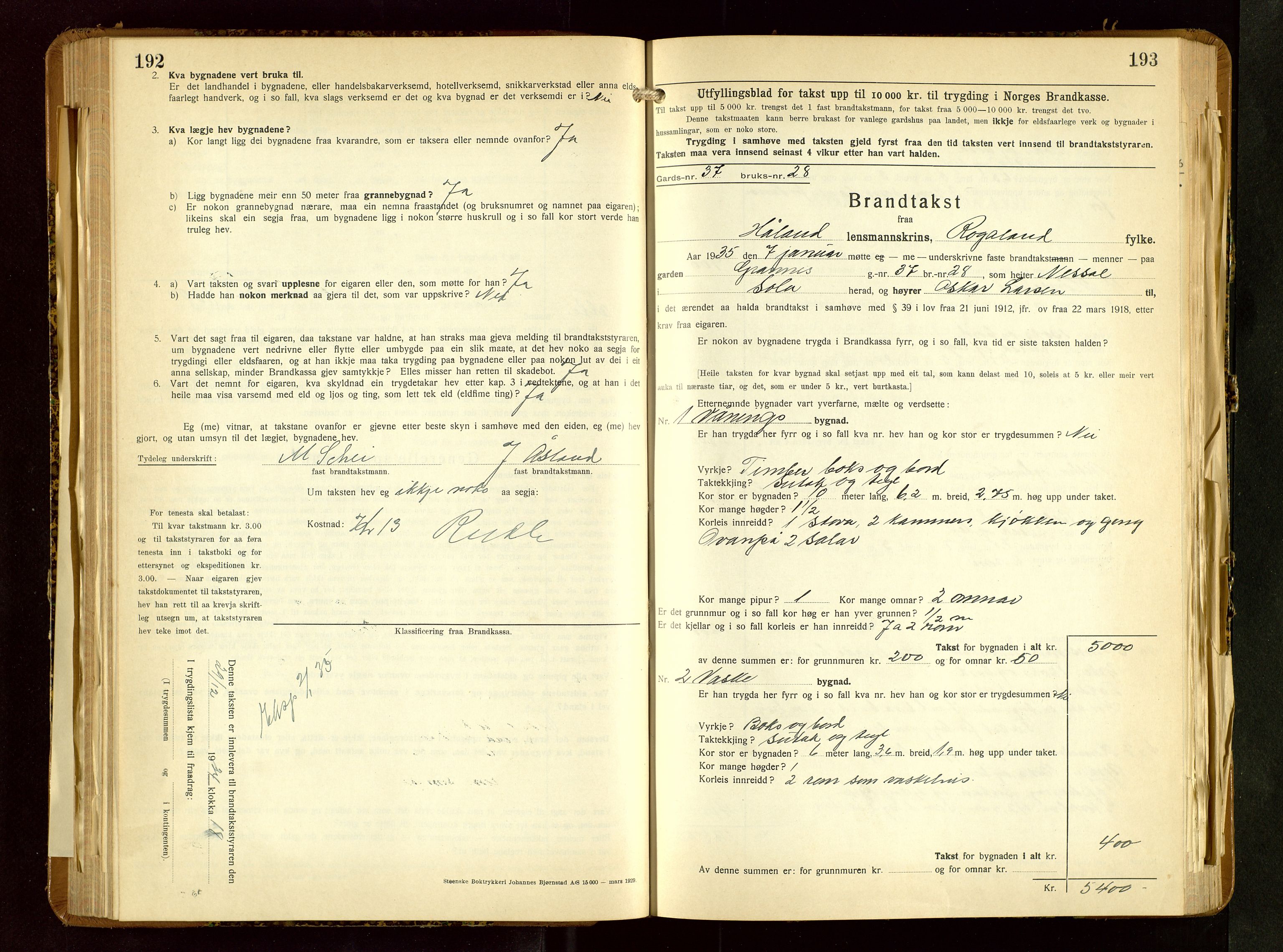 Håland lensmannskontor, SAST/A-100100/Gob/L0010: Branntakstprotokoll - skjematakst. Register i boken., 1933-1936, p. 192-193