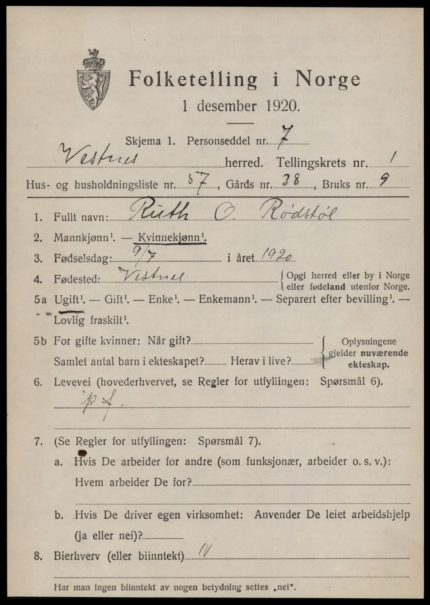 SAT, 1920 census for Vestnes, 1920, p. 1911