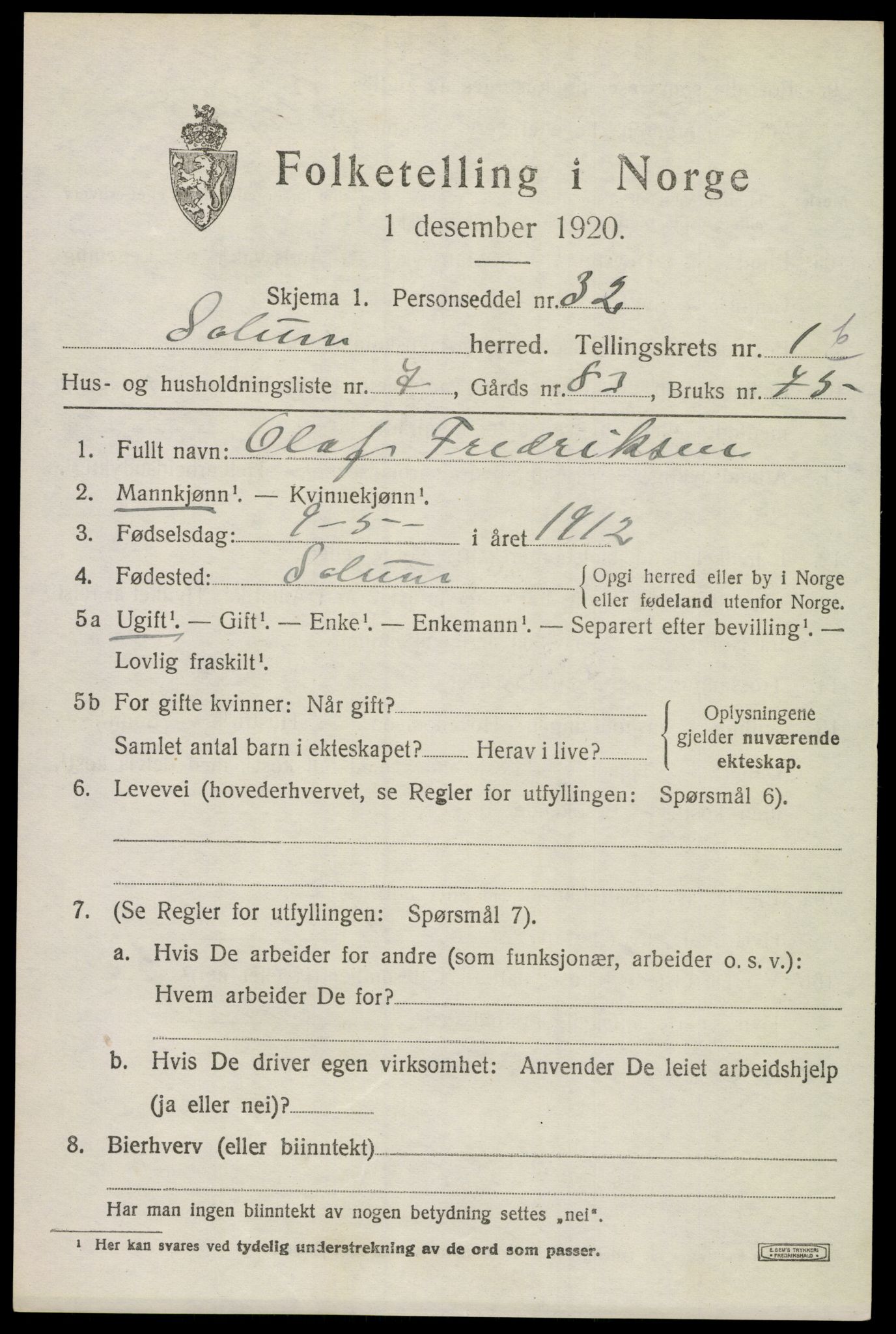 SAKO, 1920 census for Solum, 1920, p. 4192